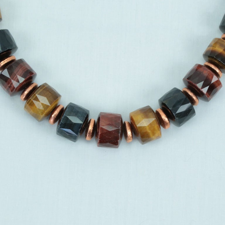 Simply Beautiful! Dynamic Gold, Blue and Red Faceted Tiger Eye and Copper Statement Necklace. Measuring approx. 21.5