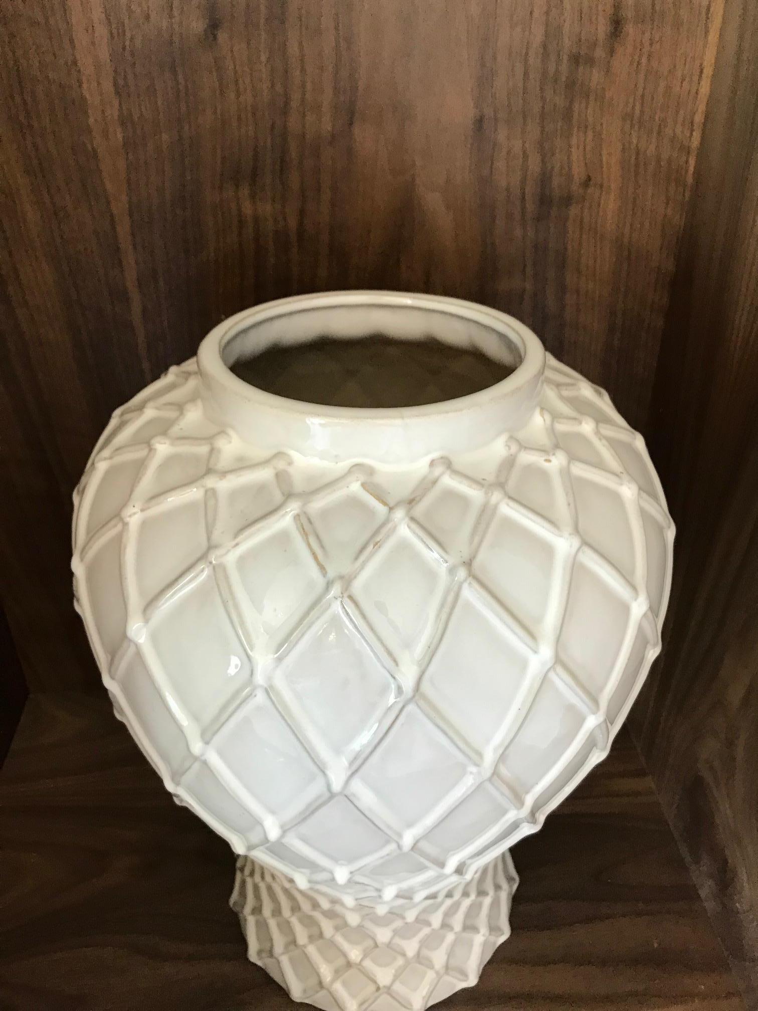 Contemporary Exquisite White Ceramic Lidded Urn Vase with Lattice Design, Italy