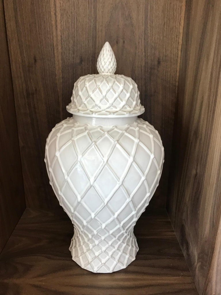 Exquisite White Ceramic Lidded Urn Vase with Lattice Design, Italy at