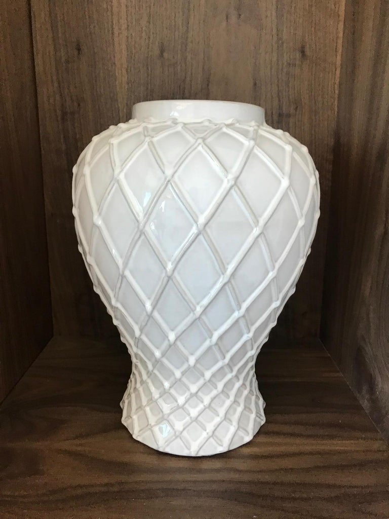 Exquisite White Ceramic Lidded Urn Vase with Lattice Design, Italy at