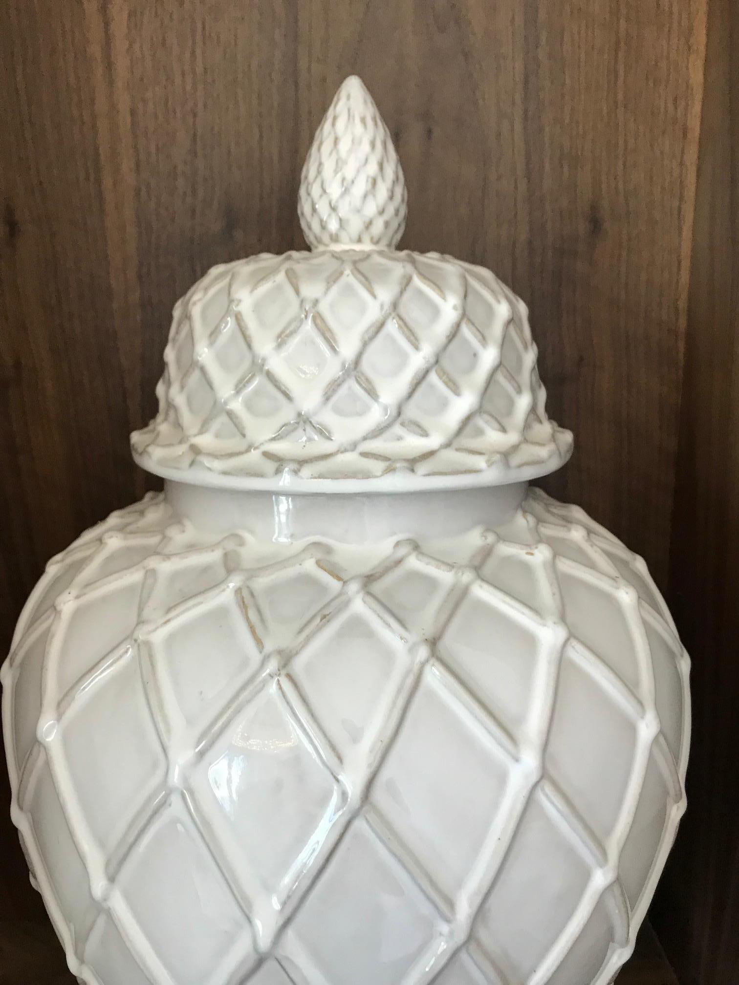 Italian Exquisite White Ceramic Lidded Urn Vase with Lattice Design, Italy