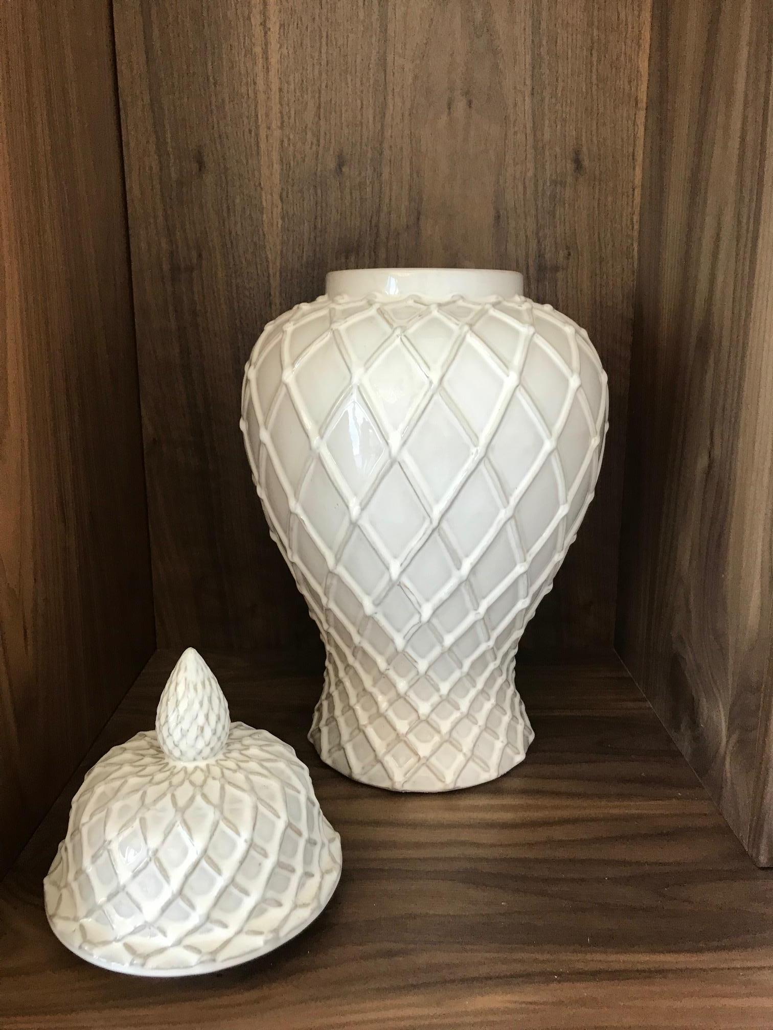 Glazed Exquisite White Ceramic Lidded Urn Vase with Lattice Design, Italy