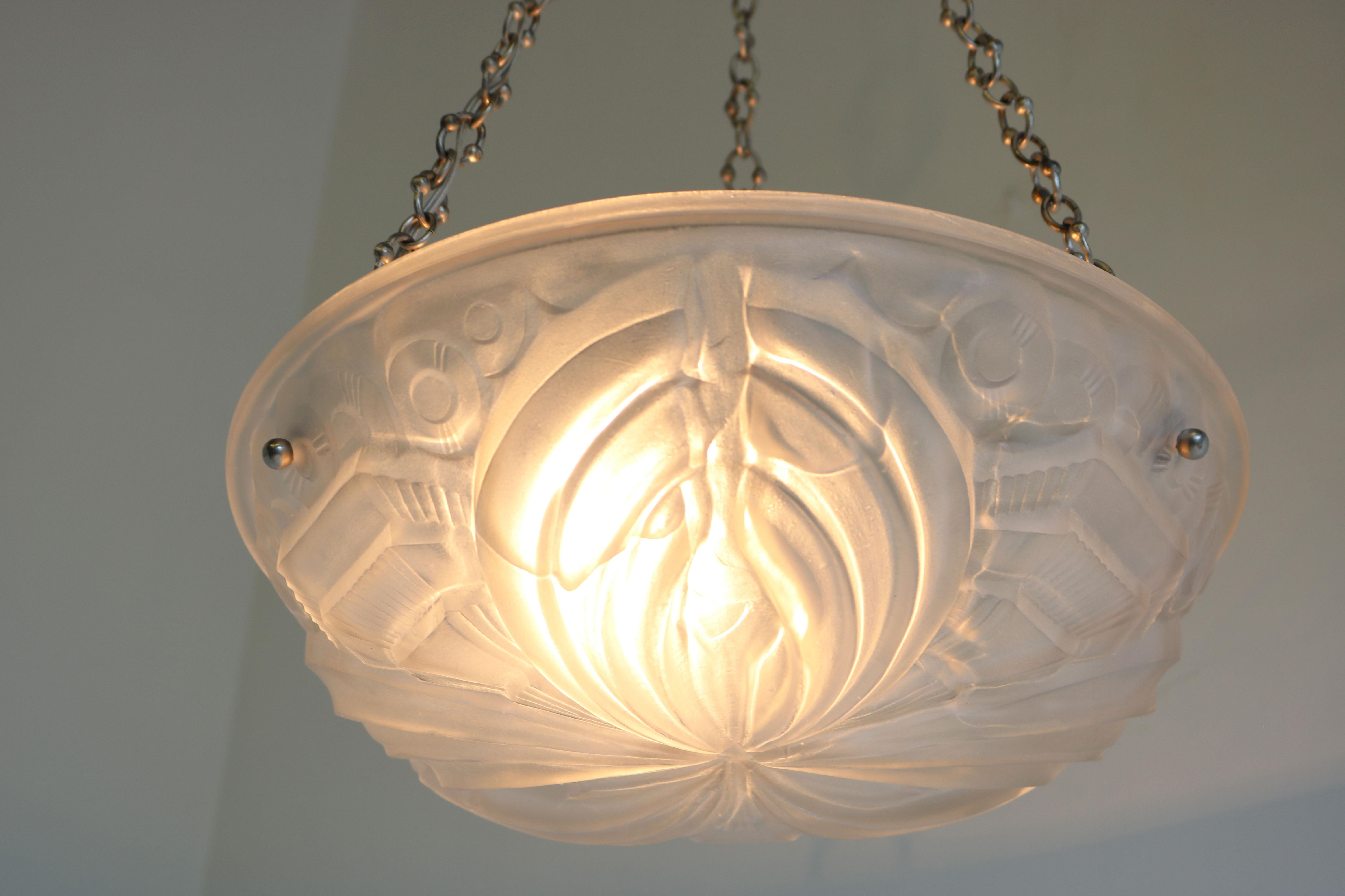 Glass Exquisite White Geometric French Antique Art Deco Chandelier 1930 Henry Mouynet For Sale