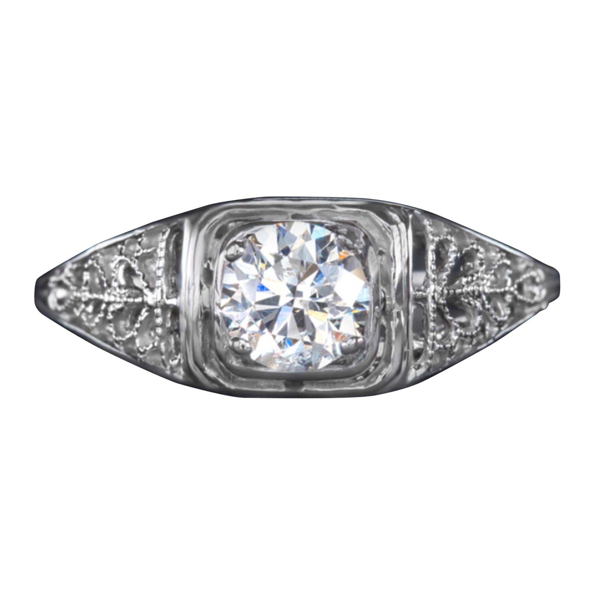 Exquisite White Gold Handmade Round Diamond Solitaire Ring