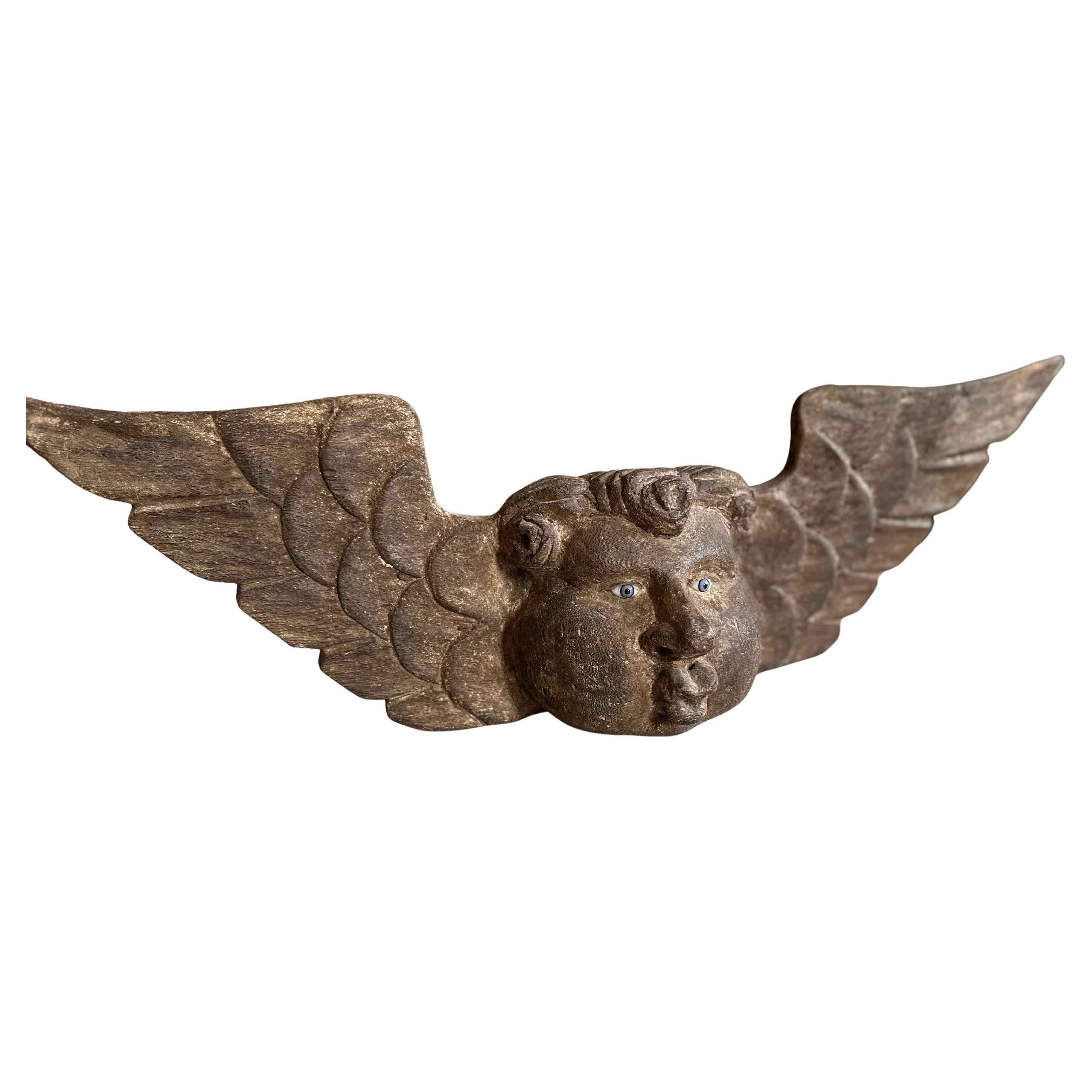 Exquisite Wooden Cherub Head with Glass Eyes, c. 1800