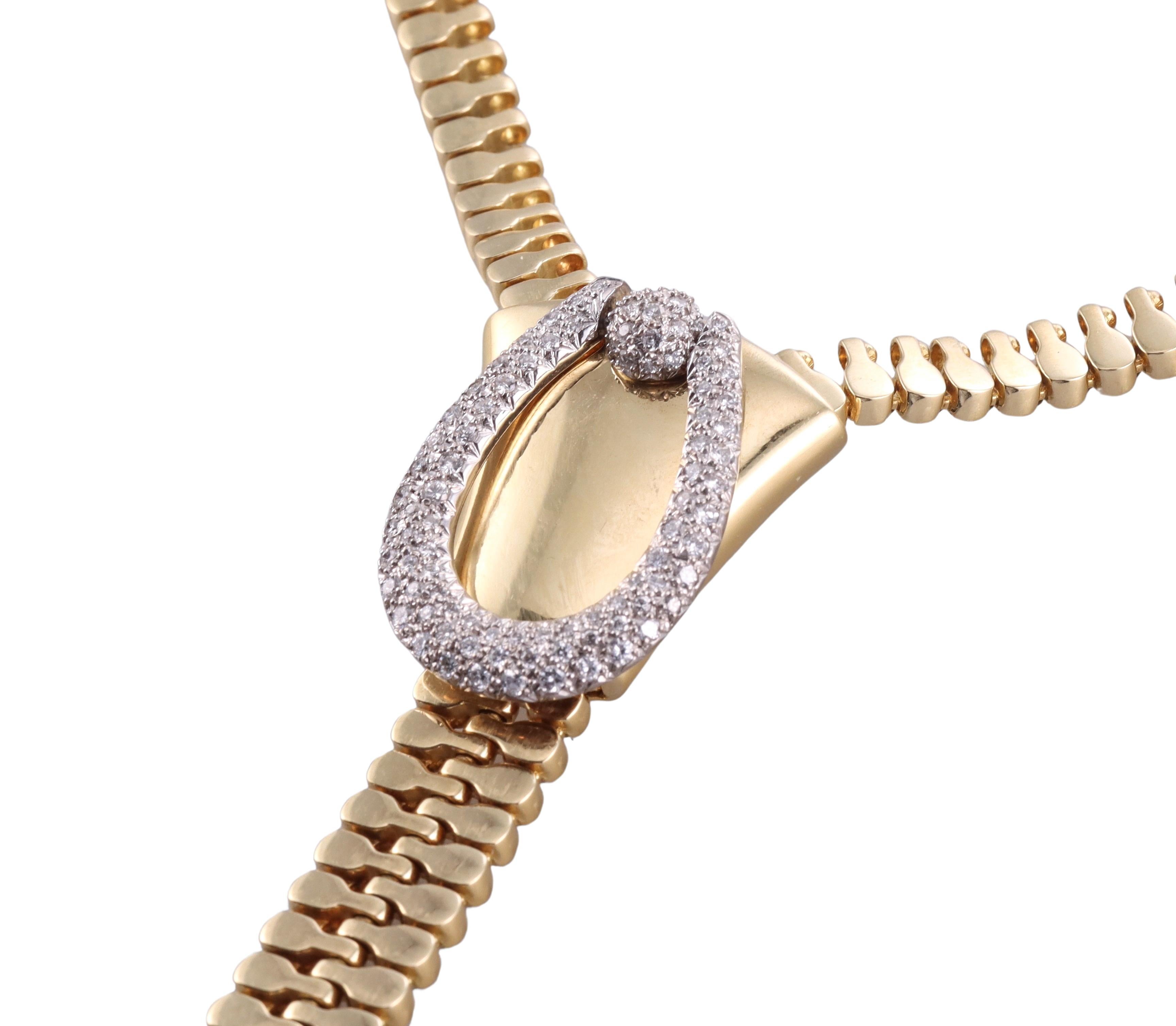 Iconic zipper design necklace, set in 18k yellow gold, with a diamond buckle - approximately 1.10ctw H-SI1 diamonds. The necklace has an adjustable wearable length, with a fully functioning zipper - please refer to the video. Total maximum length is
