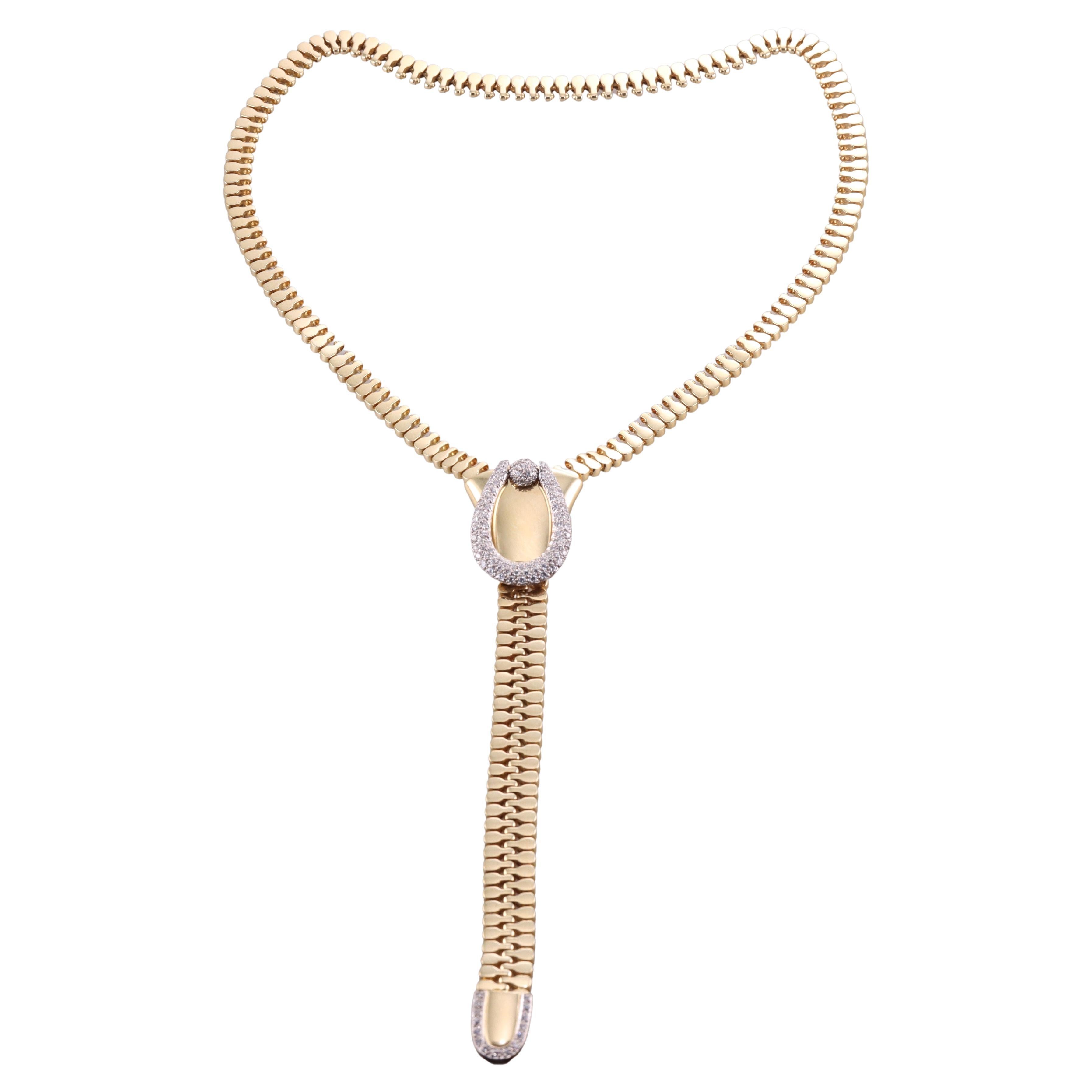 Exquisite Yellow Gold and Diamond Zipper Necklace For Sale