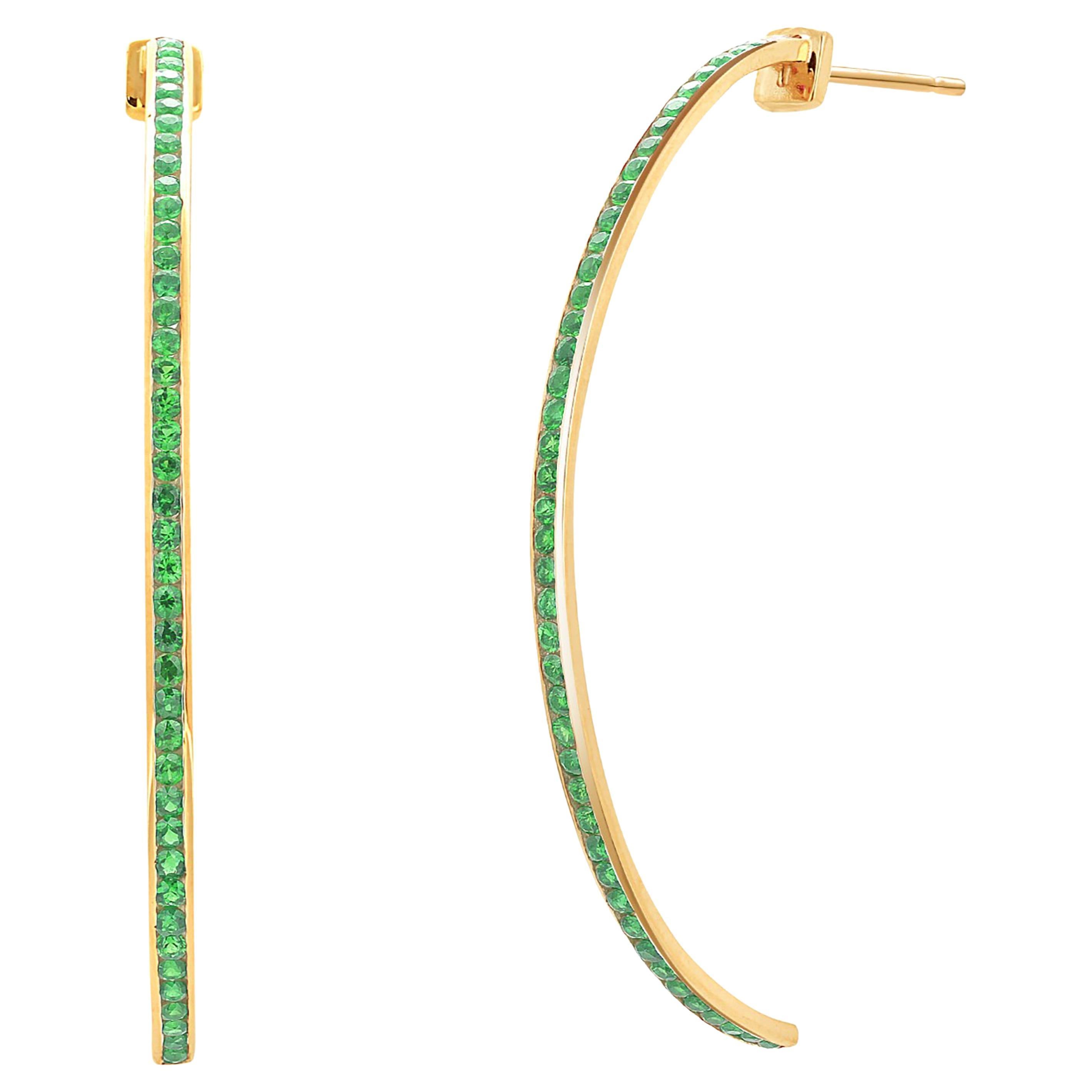 Exquisite Yellow Gold Hoop Earrings 2.20 inches Long Matched Green Tsavorites