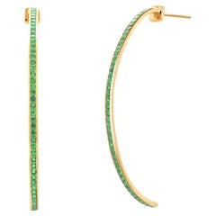 Exquisite Yellow Gold Hoop Earrings 2.20 inches Long Matched Green Tsavorites