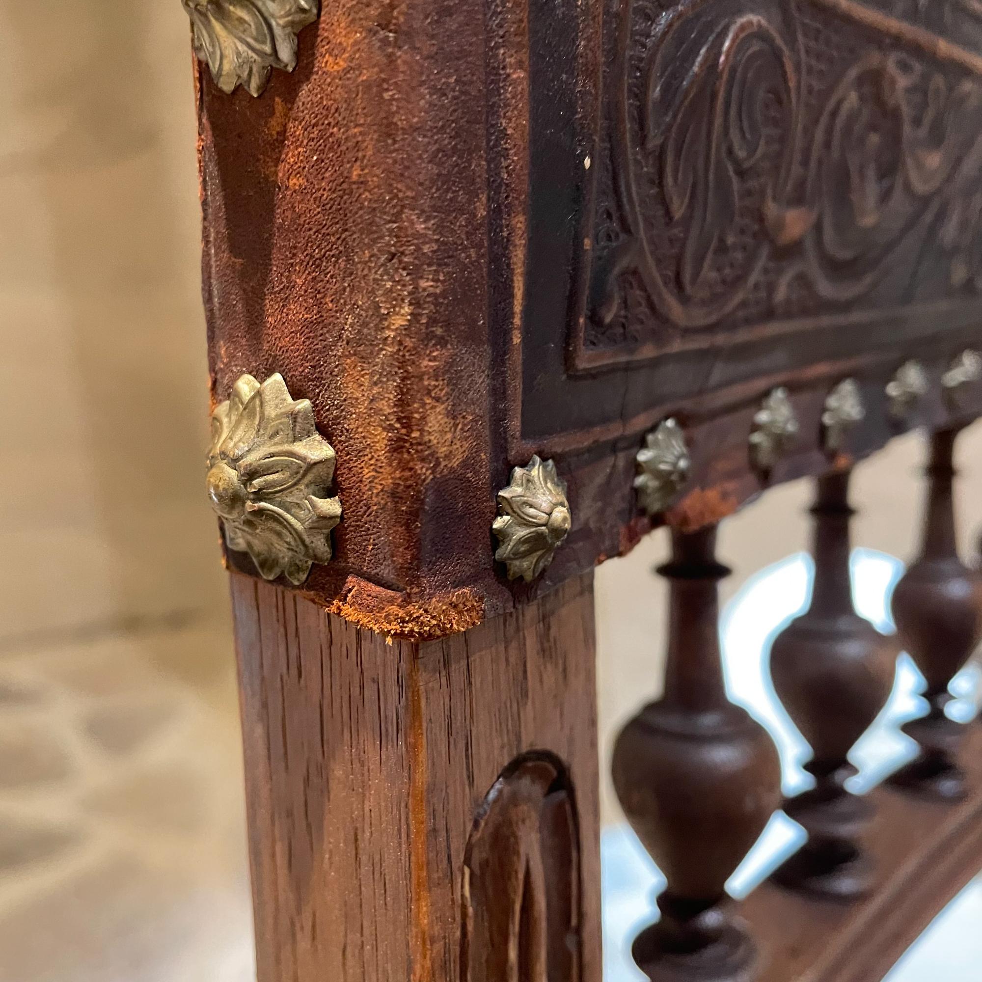 Exquisitely Carved French Oak Embossed Leather Lion Dining Chairs 1880s Henry II 4