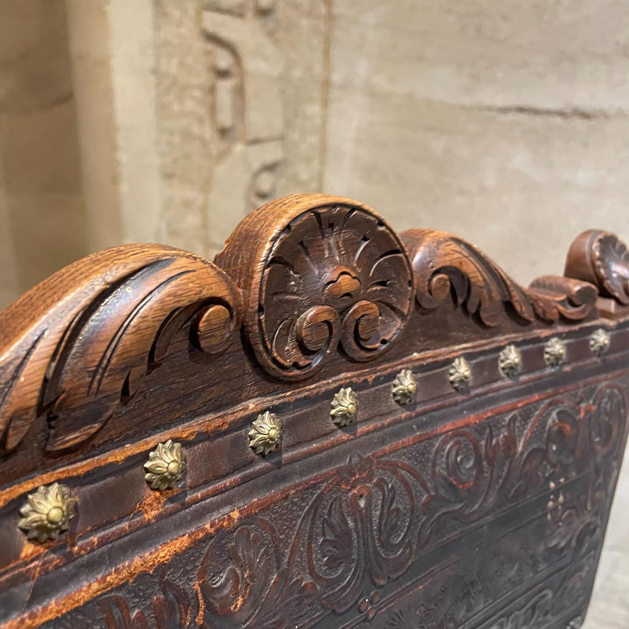 Exquisitely Carved French Oak Embossed Leather Lion Dining Chairs 1880s Henry II 6