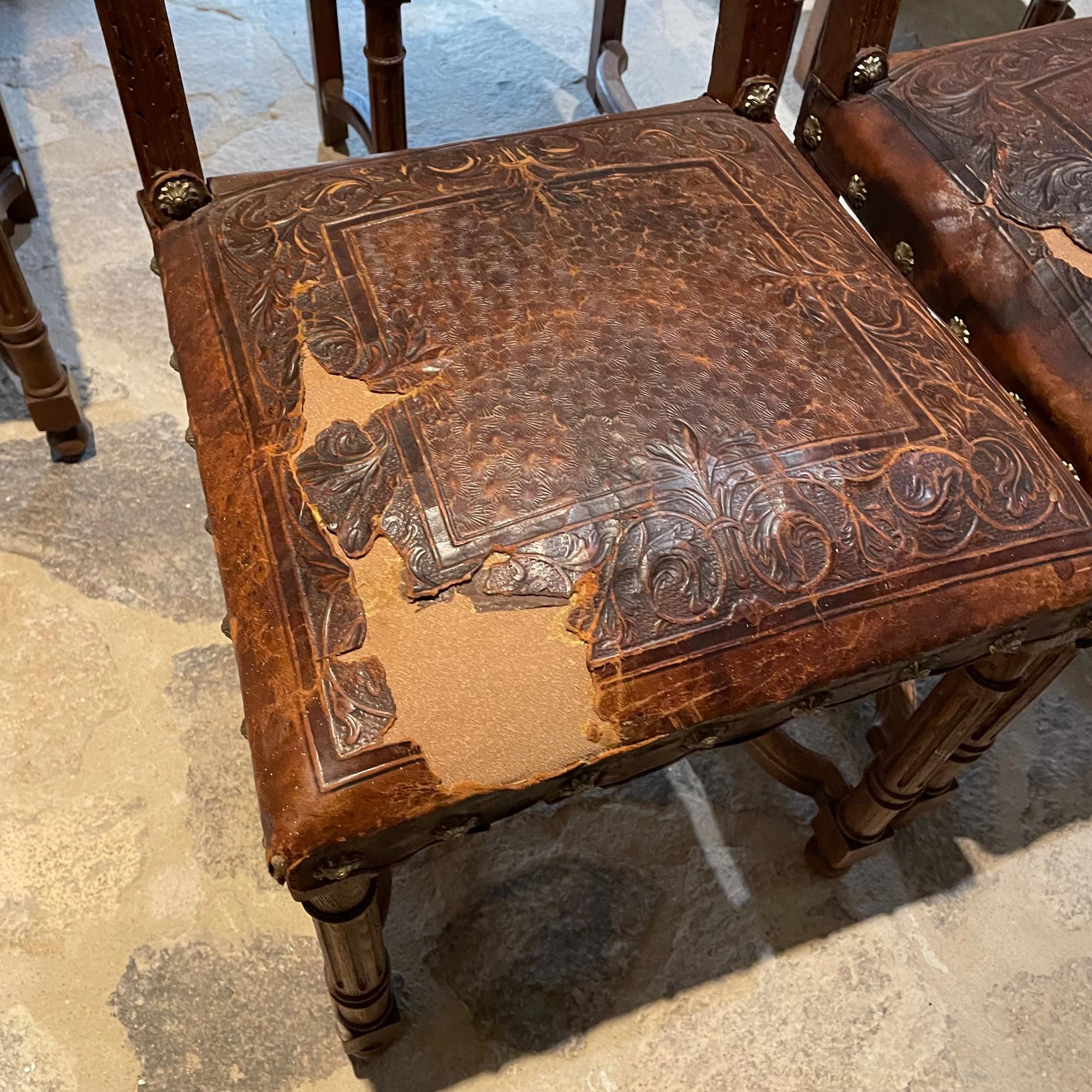 Exquisitely Carved French Oak Embossed Leather Lion Dining Chairs 1880s Henry II 9