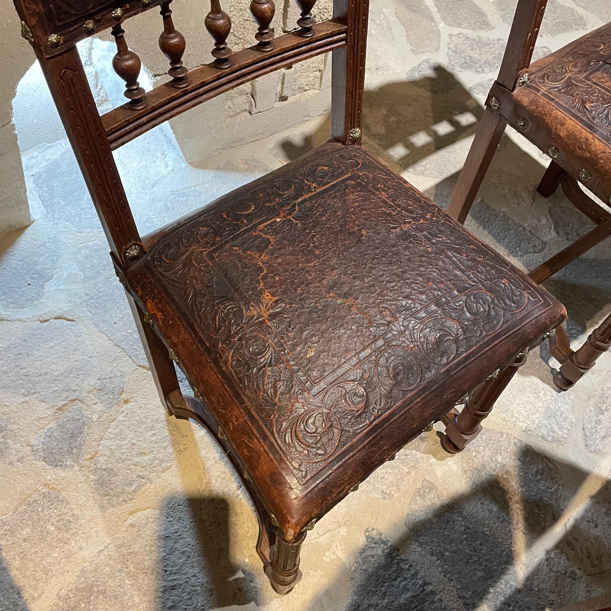 Exquisitely Carved French Oak Embossed Leather Lion Dining Chairs 1880s Henry II 11