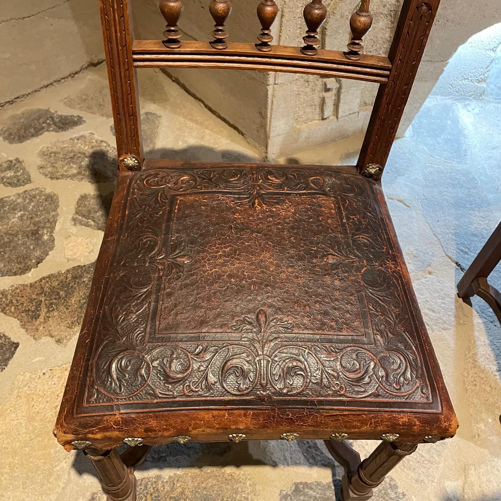 Exquisitely Carved French Oak Embossed Leather Lion Dining Chairs 1880s Henry II 12
