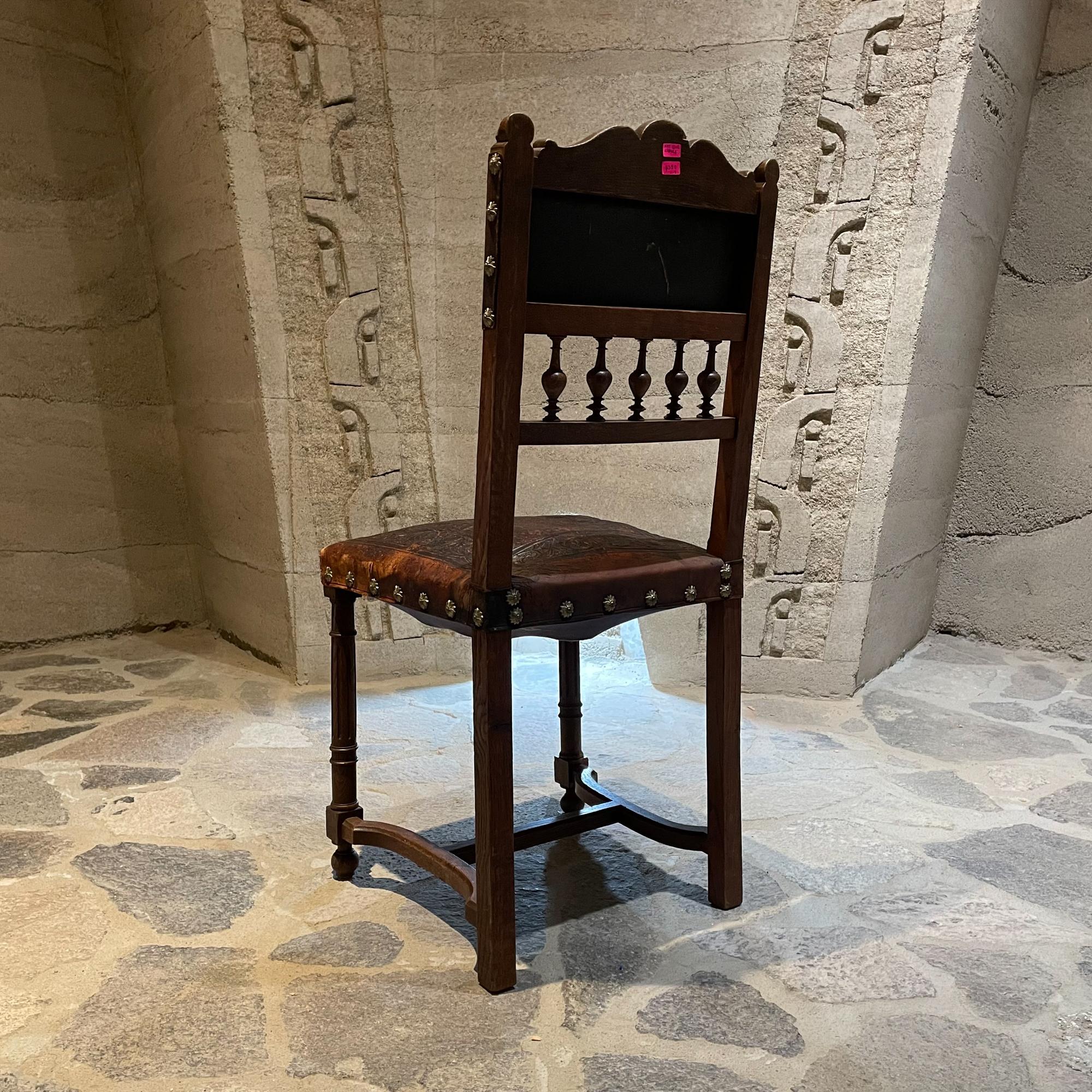 Exquisitely Carved French Oak Embossed Leather Lion Dining Chairs 1880s Henry II 1