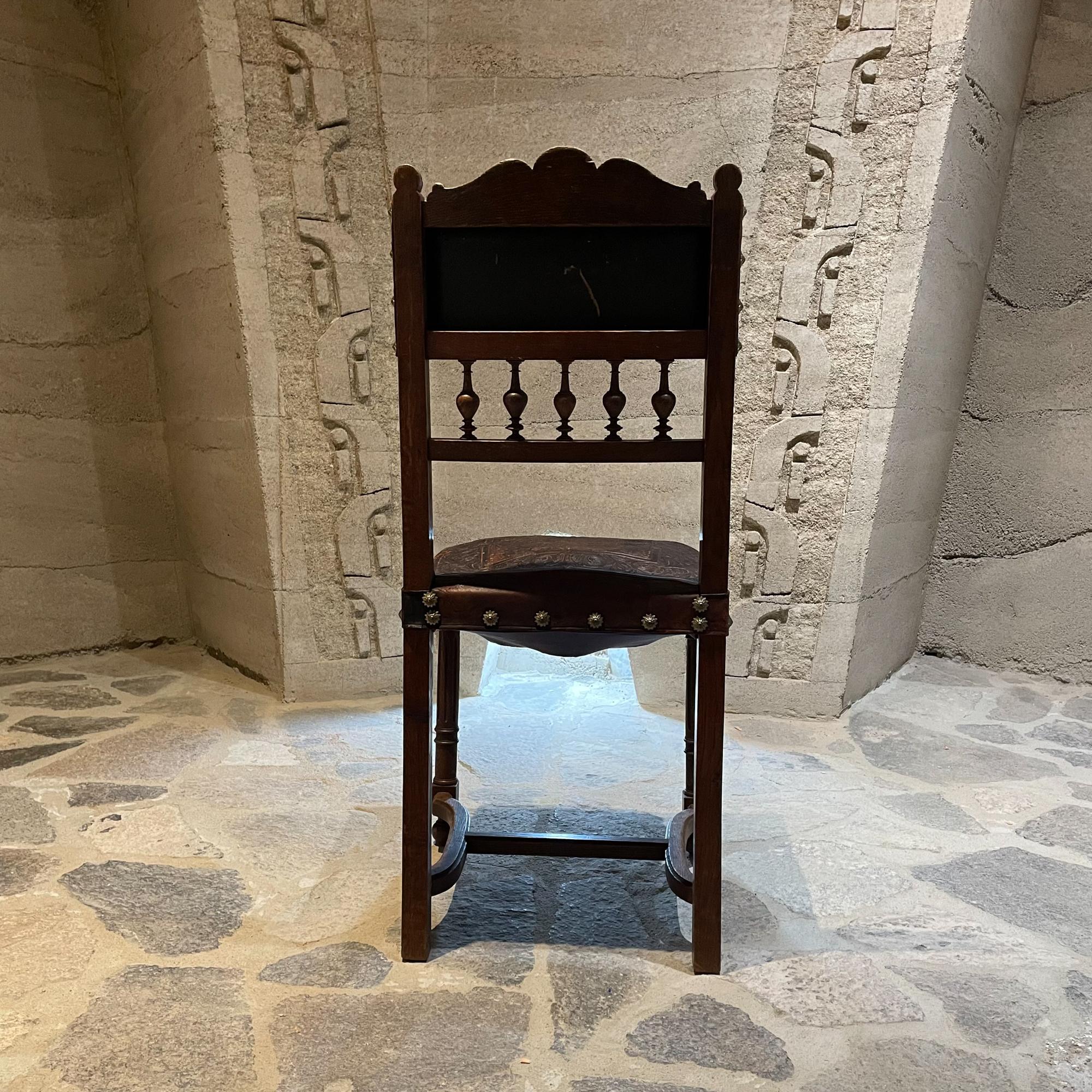 Exquisitely Carved French Oak Embossed Leather Lion Dining Chairs 1880s Henry II 7