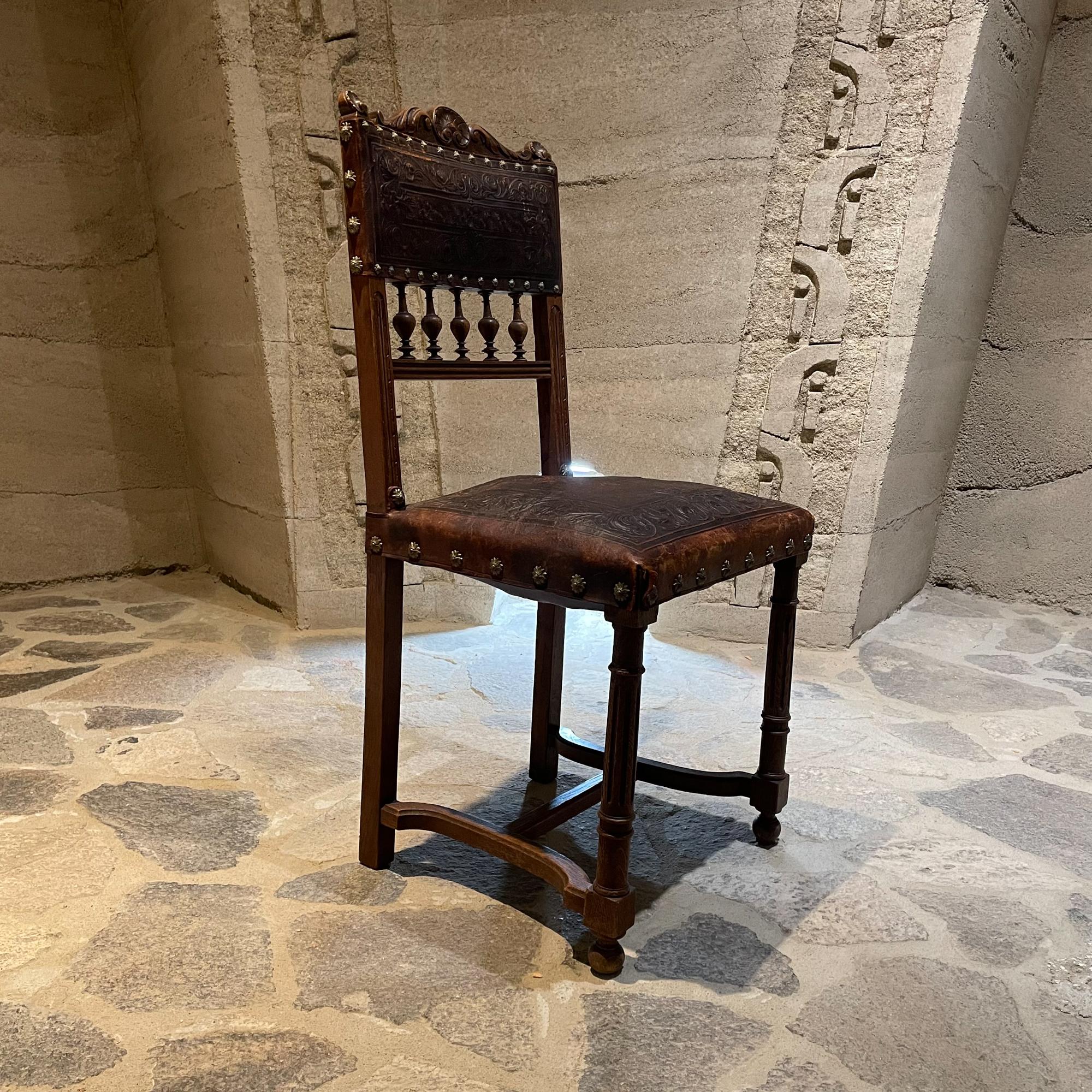 Late 19th Century Exquisitely Carved French Oak Embossed Leather Lion Dining Chairs 1880s Henry II