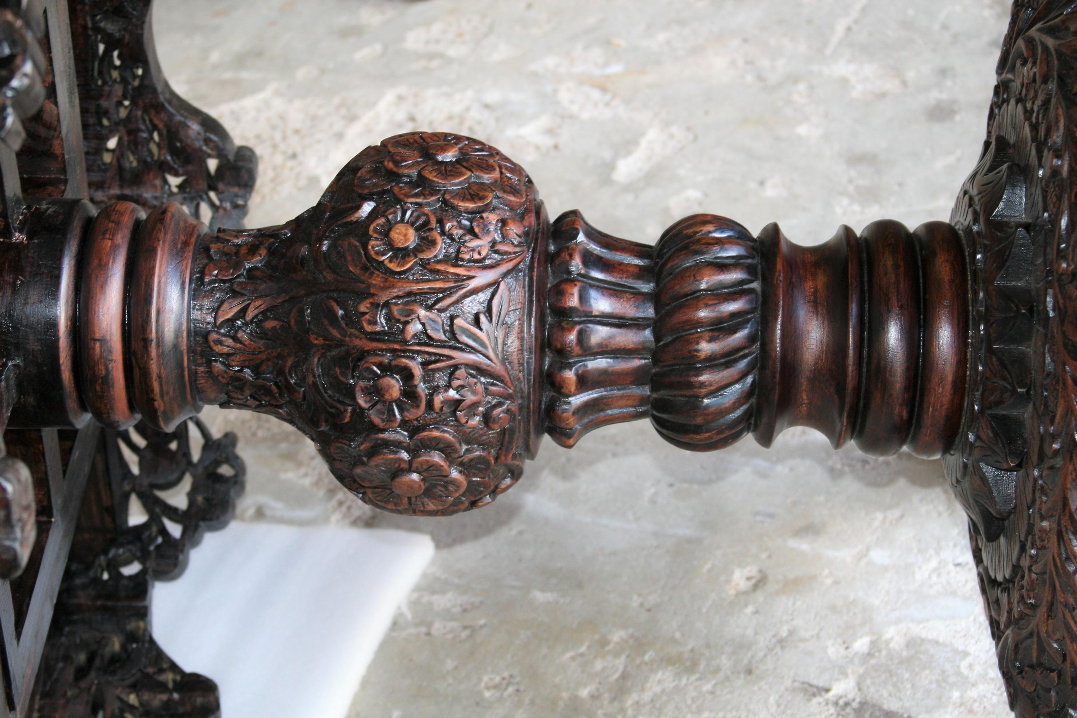 Anglo Raj Exquisitely Carved Solid Teak Wood Round Center Table from a Colonial Mansion For Sale