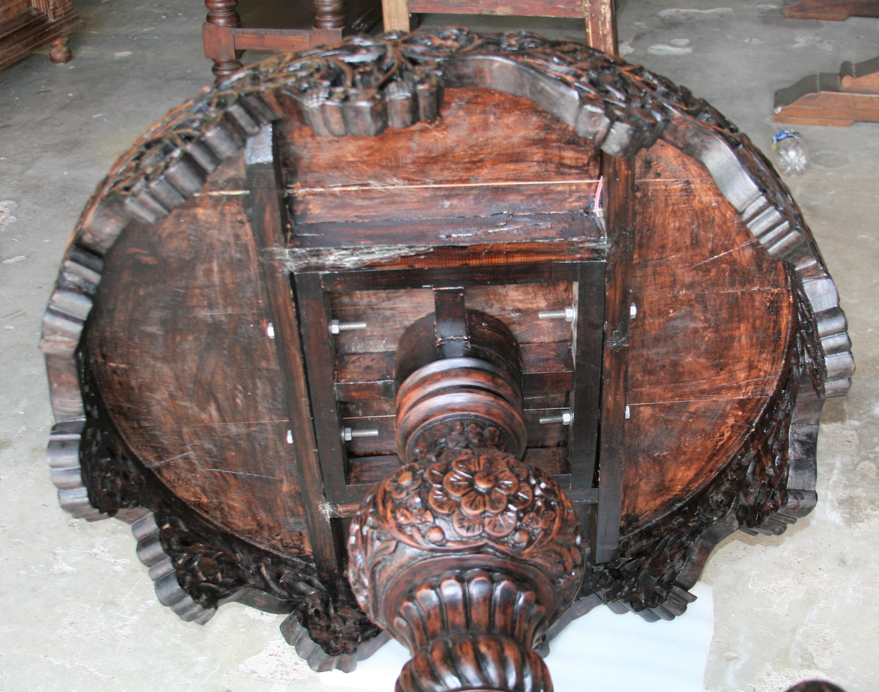Exquisitely Carved Solid Teak Wood Round Center Table from a Colonial Mansion In Good Condition For Sale In Houston, TX