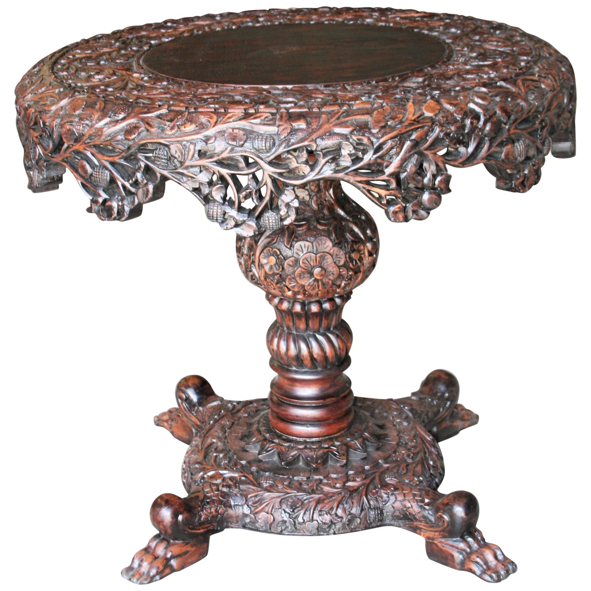 Exquisitely Carved Solid Teak Wood Round Center Table from a Colonial Mansion For Sale