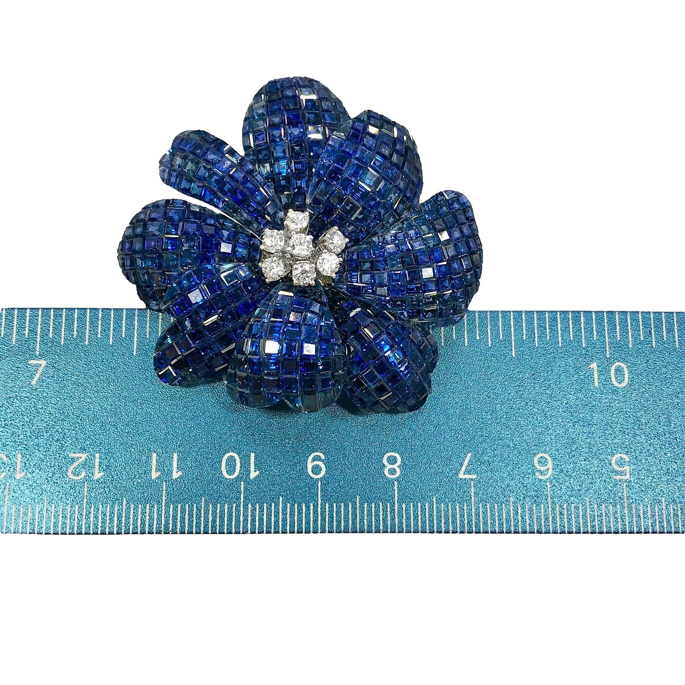 Emerald Cut Exquisitely Crafted Invisible Set 18K White Gold and Blue Sapphire Flower Pin