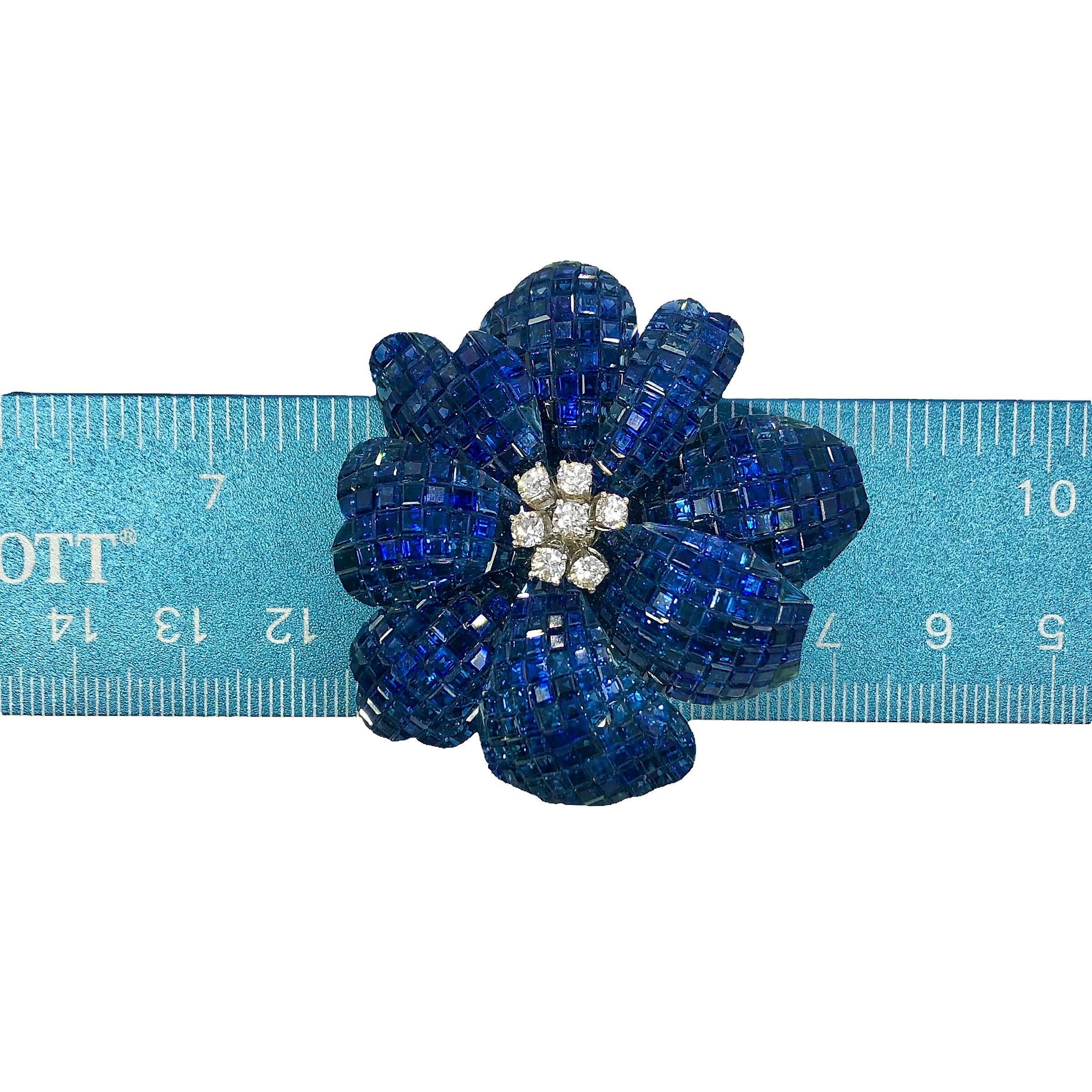 Exquisitely Crafted Invisible Set 18K White Gold and Blue Sapphire Flower Pin In Good Condition In Palm Beach, FL