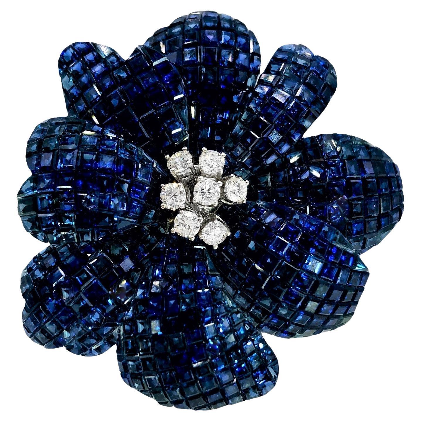 Exquisitely Crafted Invisible Set 18K White Gold and Blue Sapphire Flower Pin
