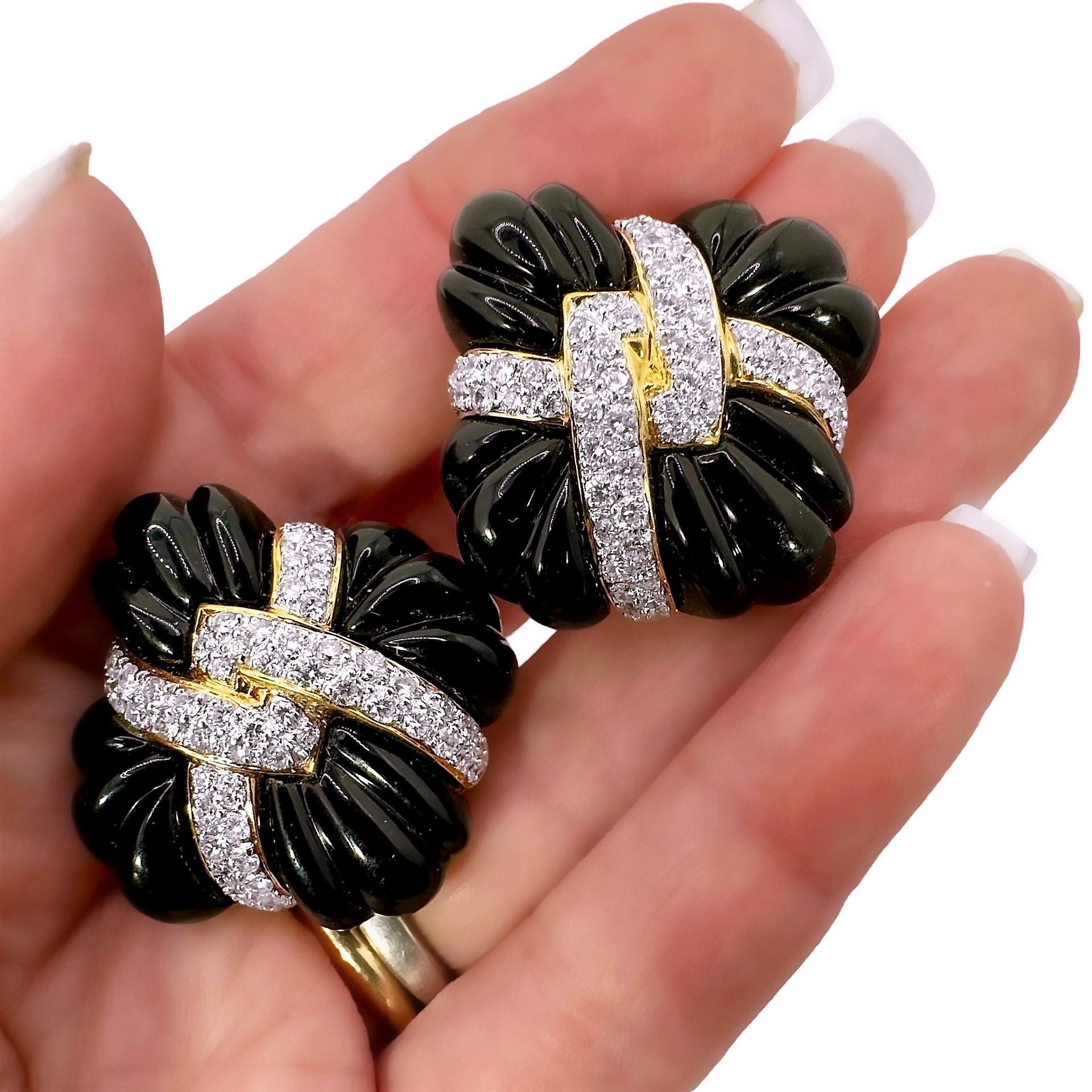 Exquisitely Designed Gold, Diamond and Fluted Onyx Fashion Earrings 1.25 Inches 2