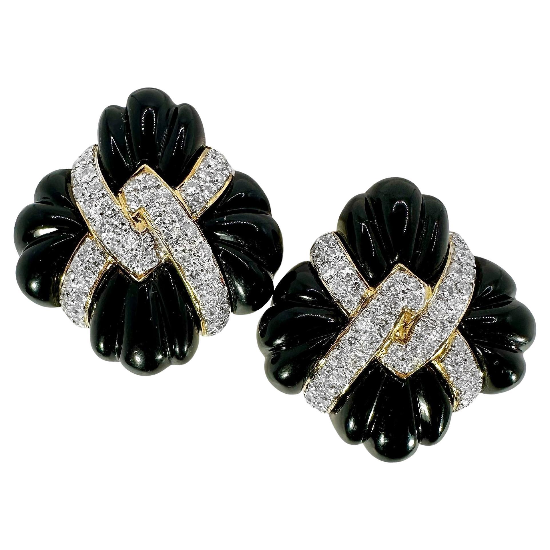 Exquisitely Designed Gold, Diamond and Fluted Onyx Fashion Earrings 1.25 Inches