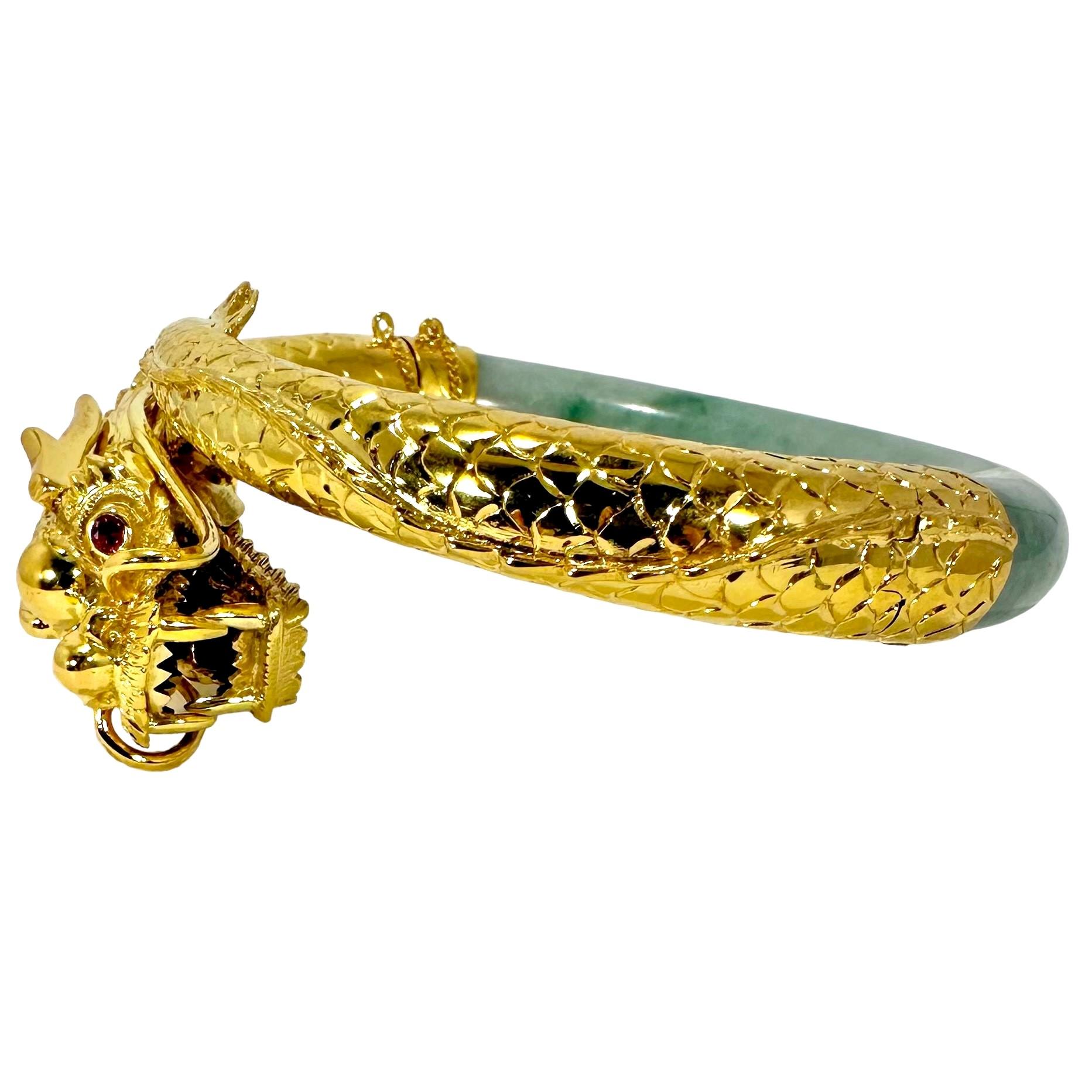 Exquisitely Executed Dragon Caricature and Jadeite Jade Hinged Bangle Bracelet   In Good Condition In Palm Beach, FL