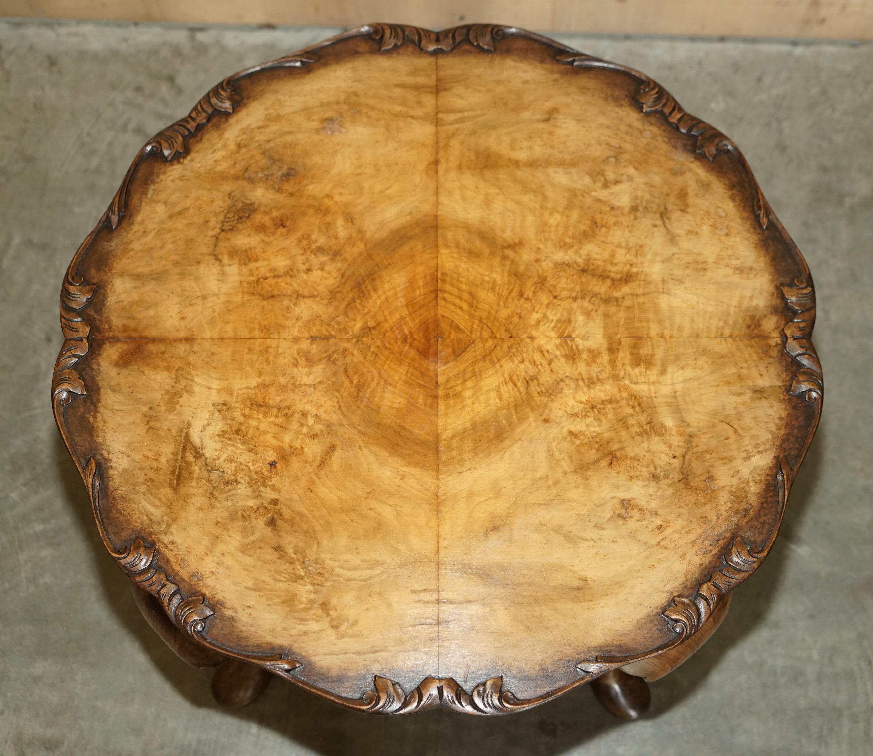 Exquisitely Hand Carved Burr Walnut Coffee Cocktail Table Cabriole Legs For Sale 1