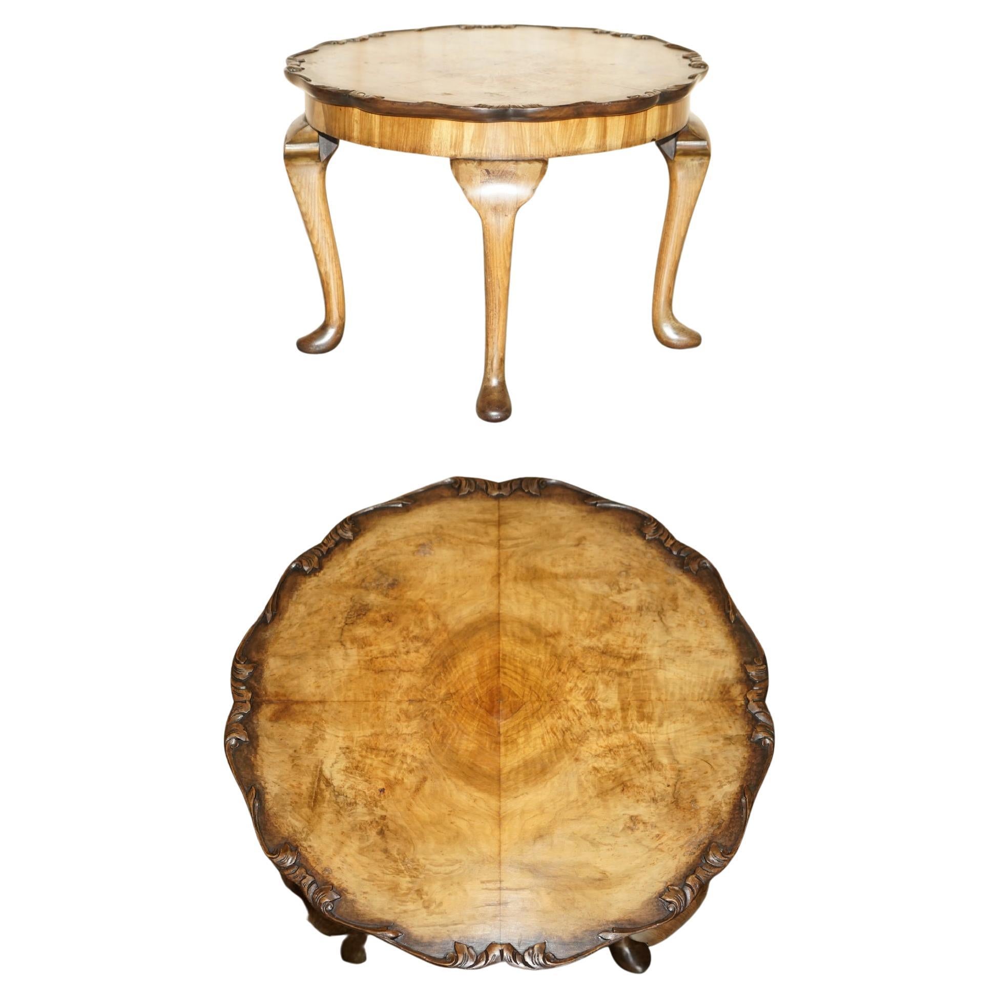 Exquisitely Hand Carved Burr Walnut Coffee Cocktail Table Cabriole Legs For Sale
