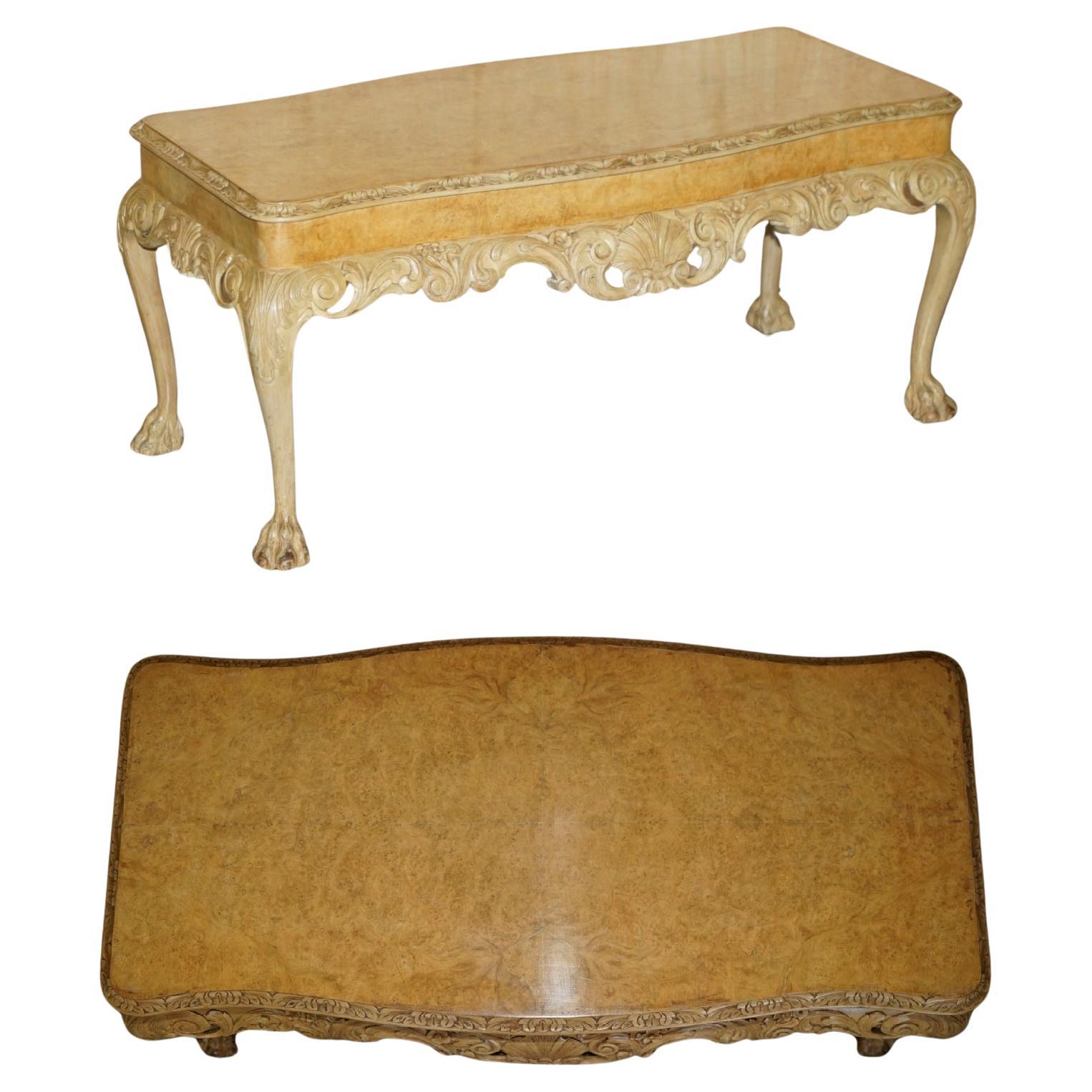 EXQUISITELY HAND CARVED BURR WALNUT COFFEE COCKTAIL TABLE LION'S HAIRY PAW LEGs For Sale