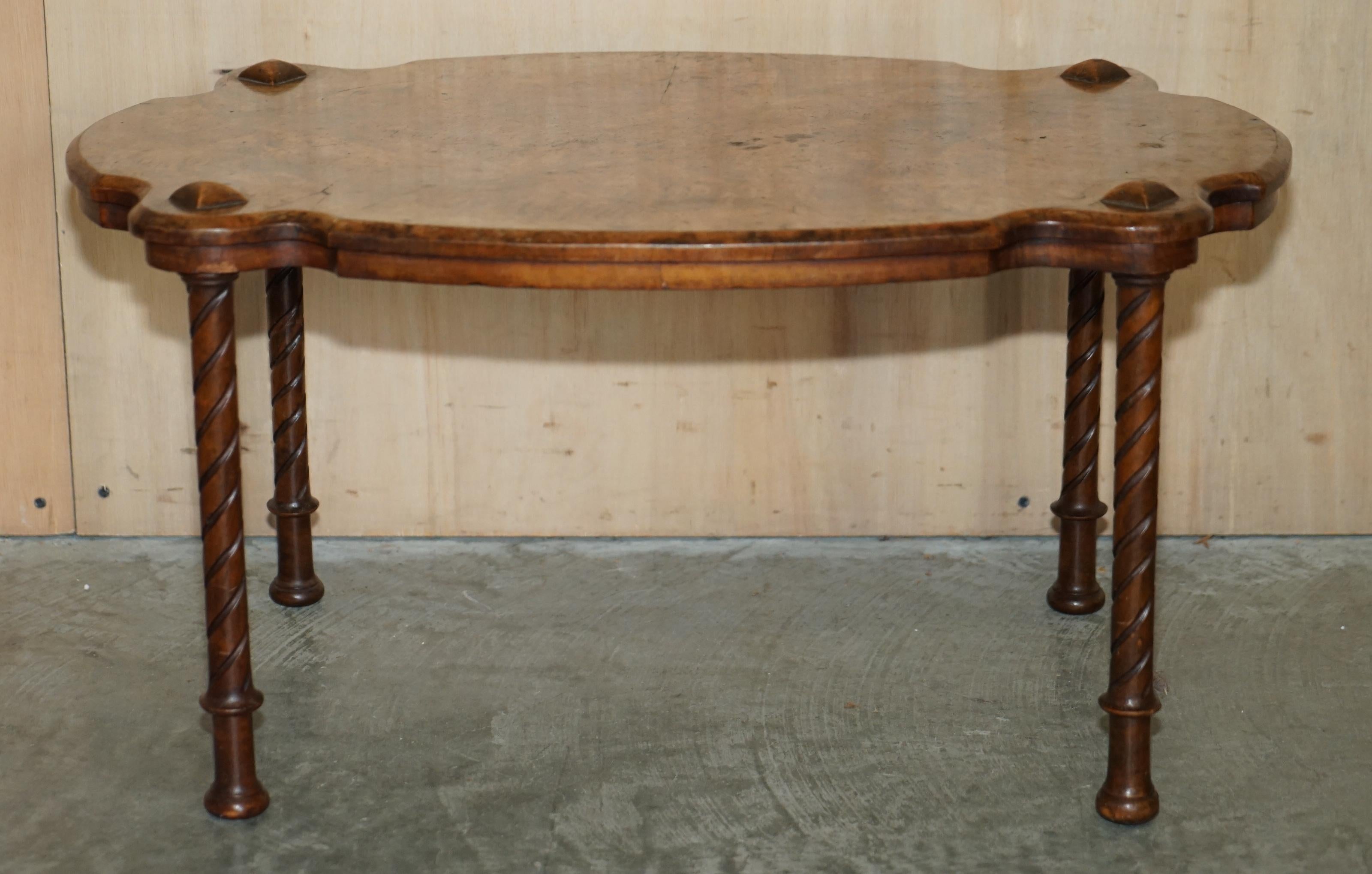 Exquisitely Hand Carved Burr Walnut Coffee Cocktail Table Lovely Turned Legs For Sale 9