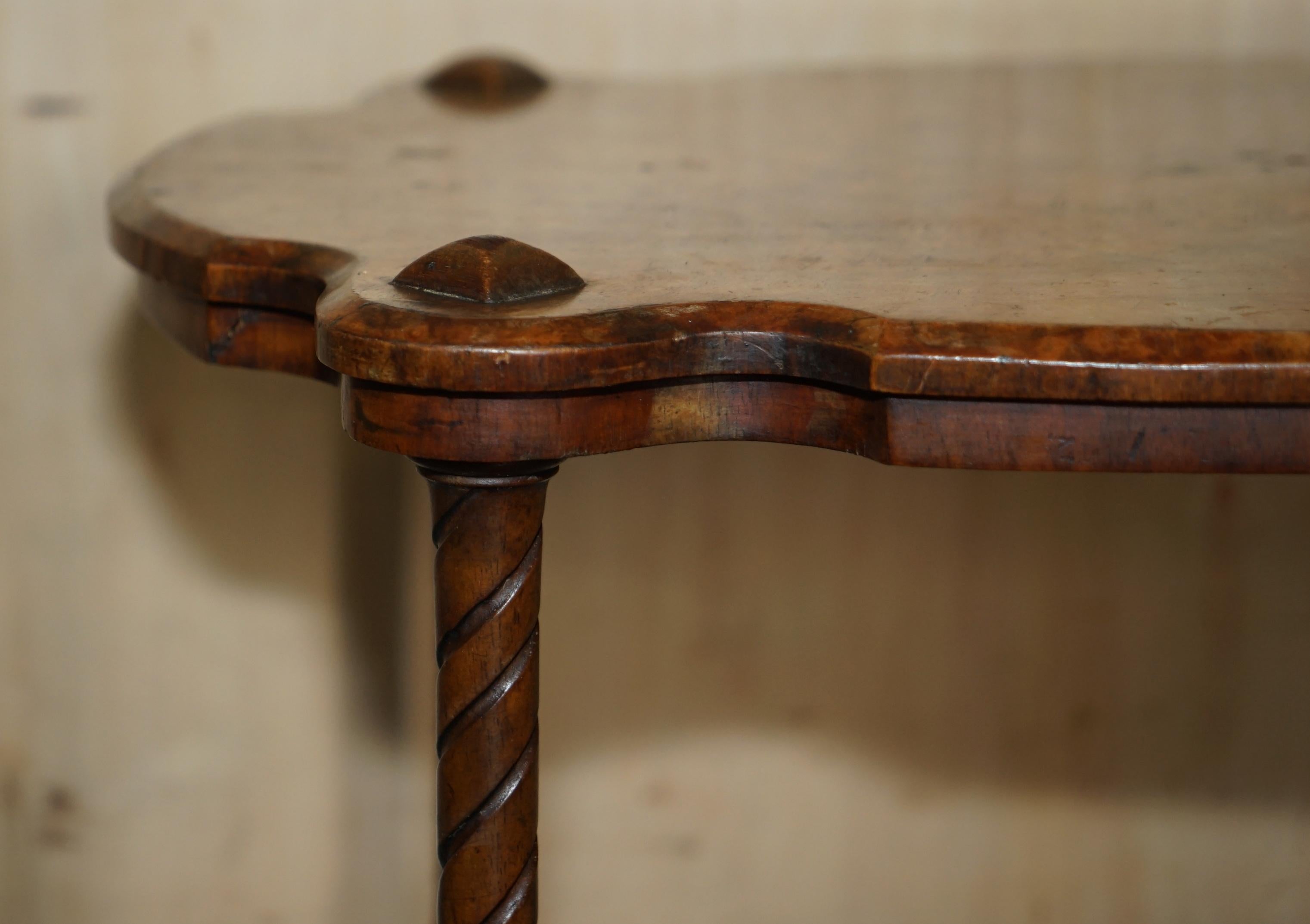 English Exquisitely Hand Carved Burr Walnut Coffee Cocktail Table Lovely Turned Legs For Sale