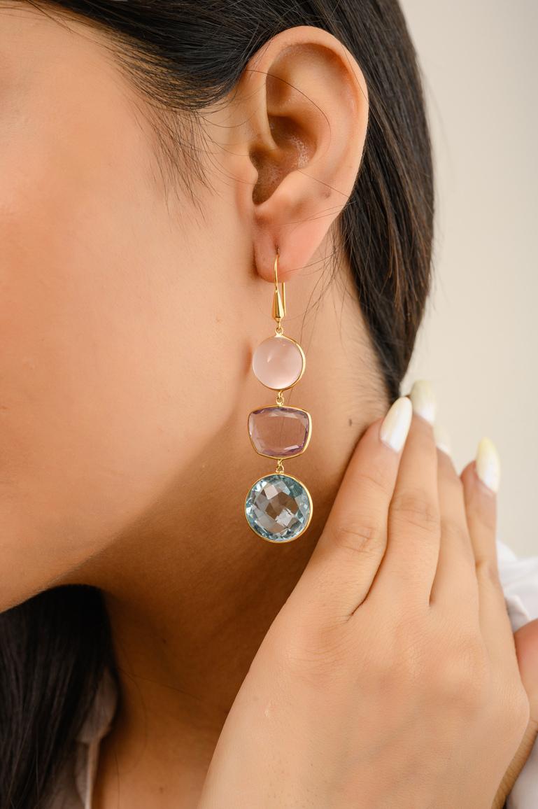 Exquisitely Handmade 60.1 Carat Multi Stone Long Earrings in 14k Yellow Gold In New Condition In New York, NY