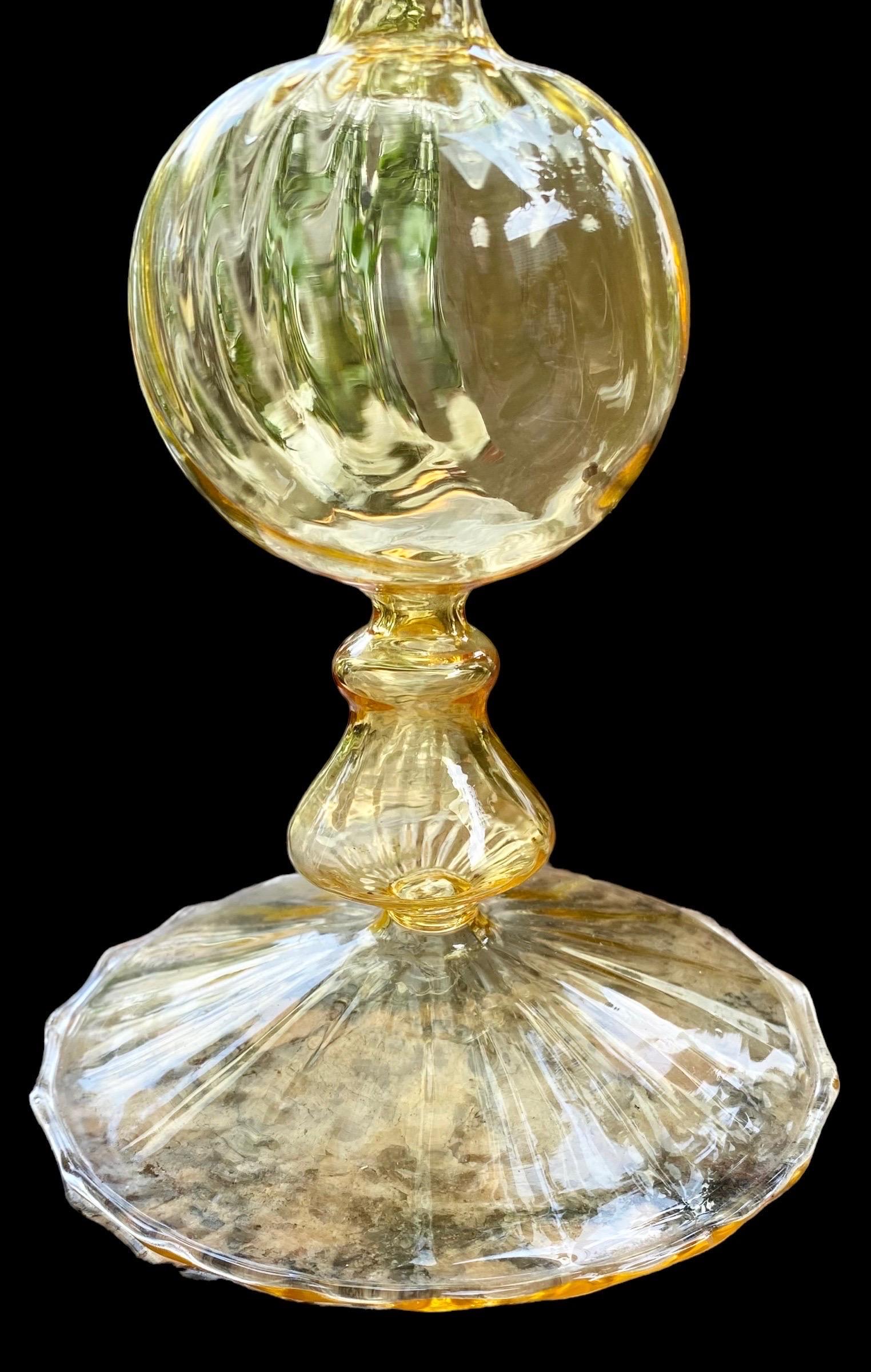 Mid-Century Modern Exquisitely Thin Hand Blown Venetian Swirled Yellow Glass Candlestick