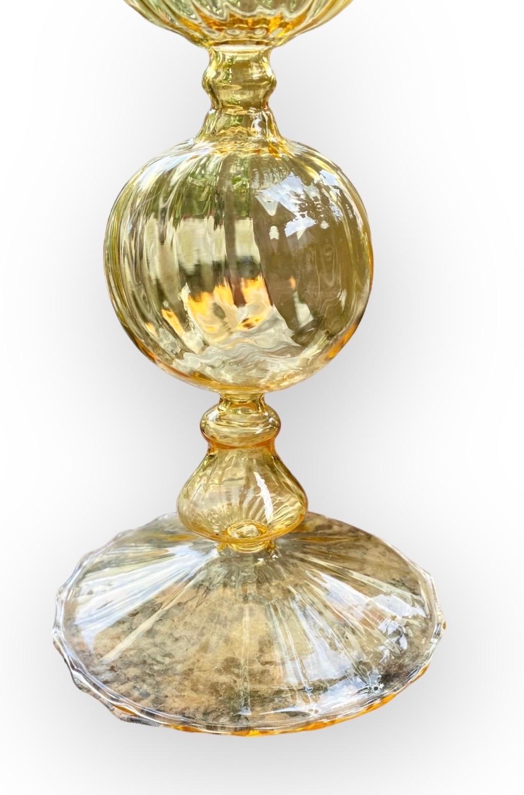 Italian Exquisitely Thin Hand Blown Venetian Swirled Yellow Glass Candlestick