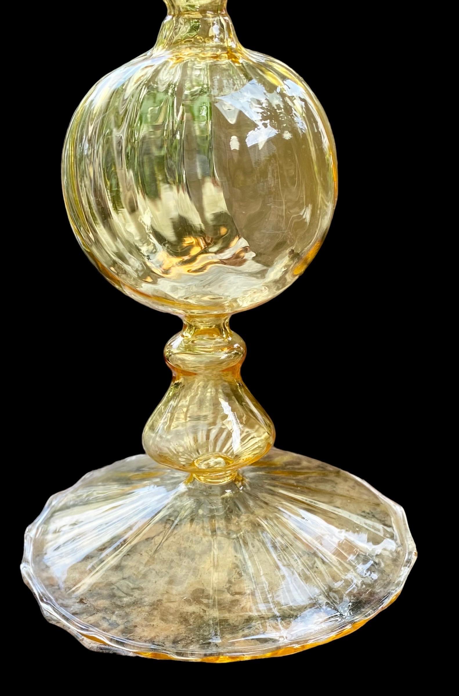 Hand-Crafted Exquisitely Thin Hand Blown Venetian Swirled Yellow Glass Candlestick