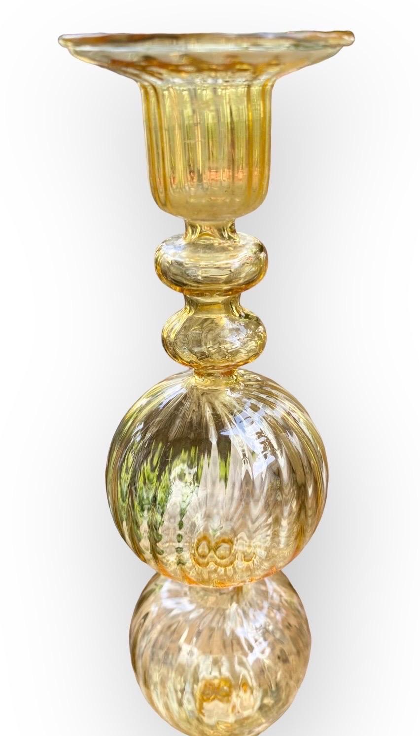 Exquisitely Thin Hand Blown Venetian Swirled Yellow Glass Candlestick In Good Condition In New Orleans, LA