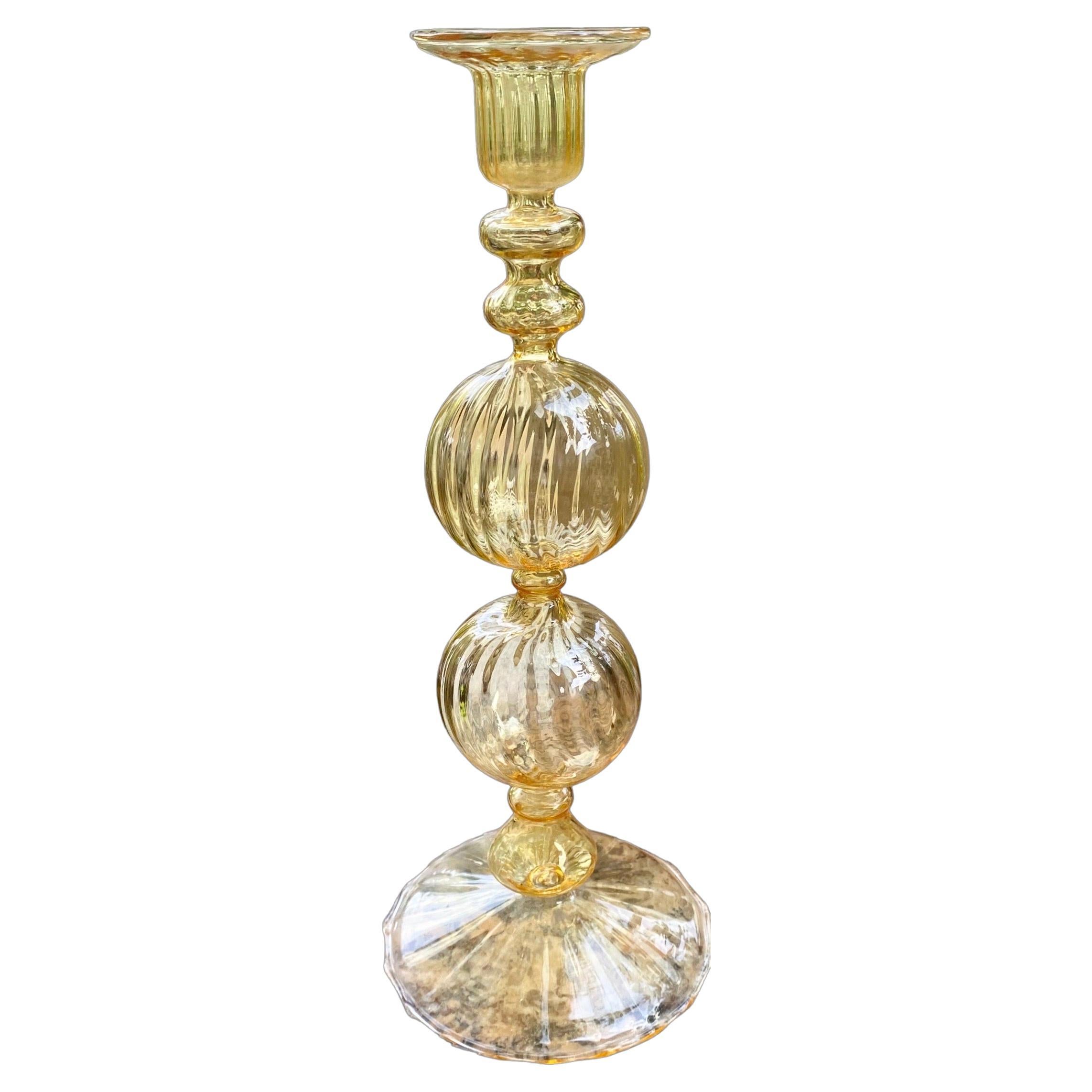 Exquisitely Thin Hand Blown Venetian Swirled Yellow Glass Candlestick