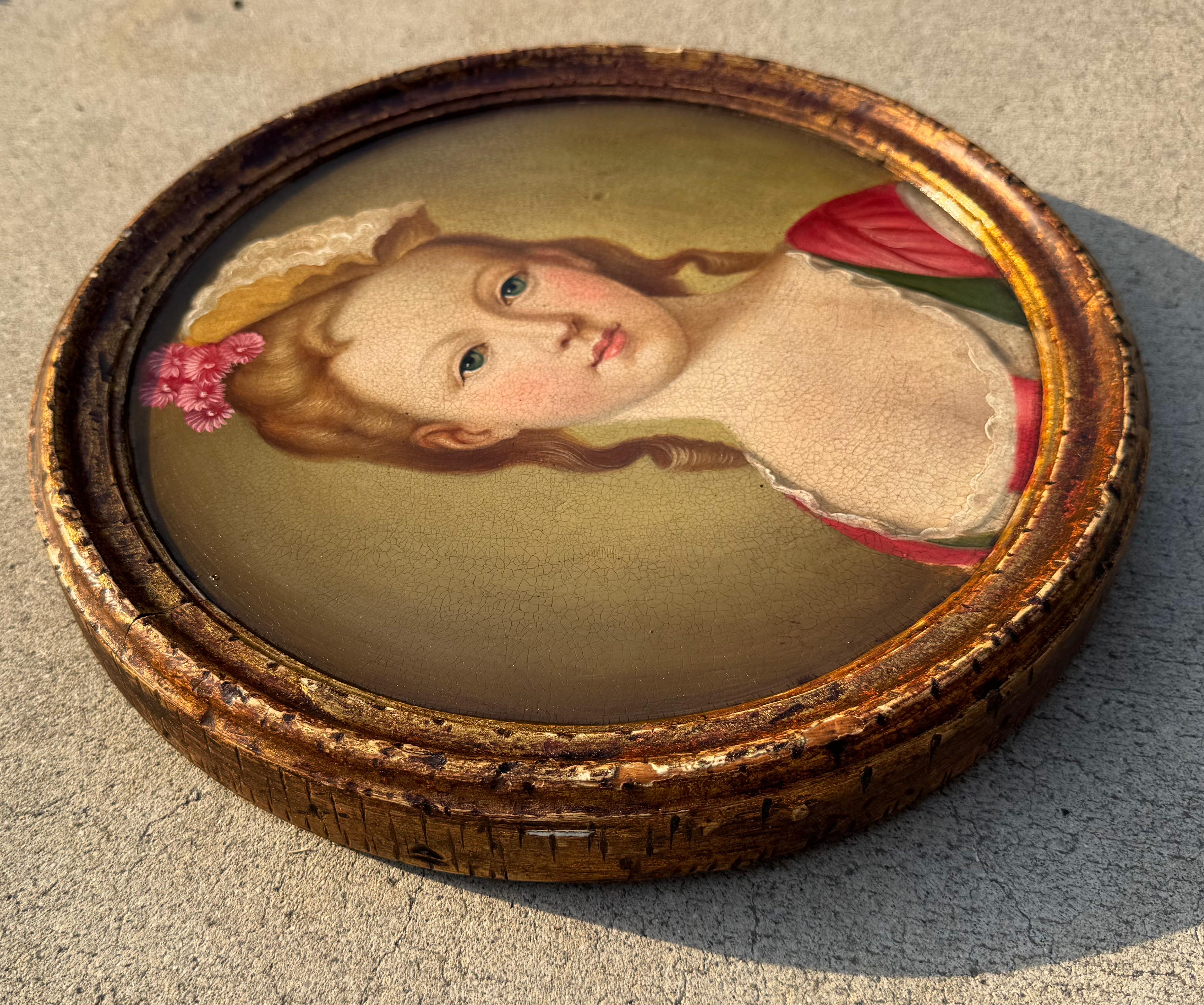 Hand-Painted Enchanting Antique Portrait of a Courtisane late 18th century painting  on wood For Sale