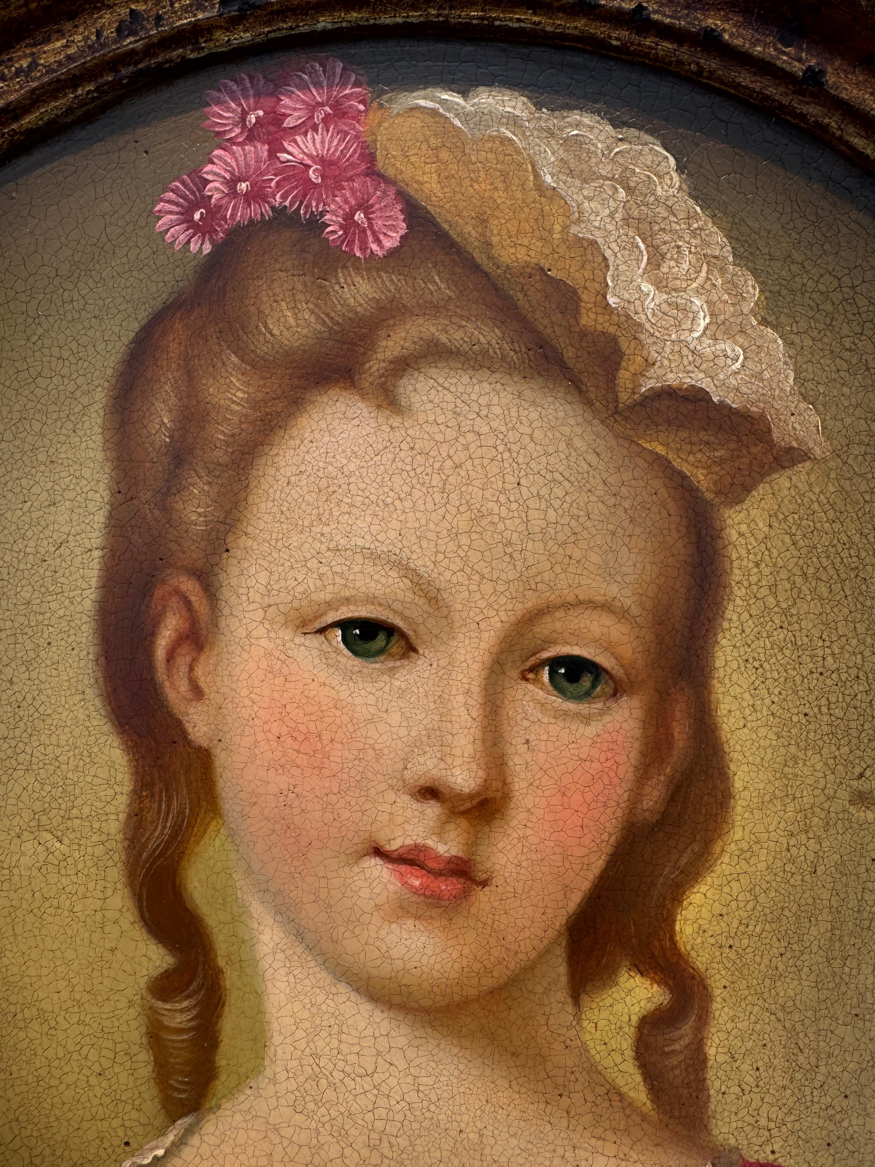 Enchanting Antique Portrait of a Courtisane late 18th century painting  on wood In Fair Condition For Sale In Culver City, CA