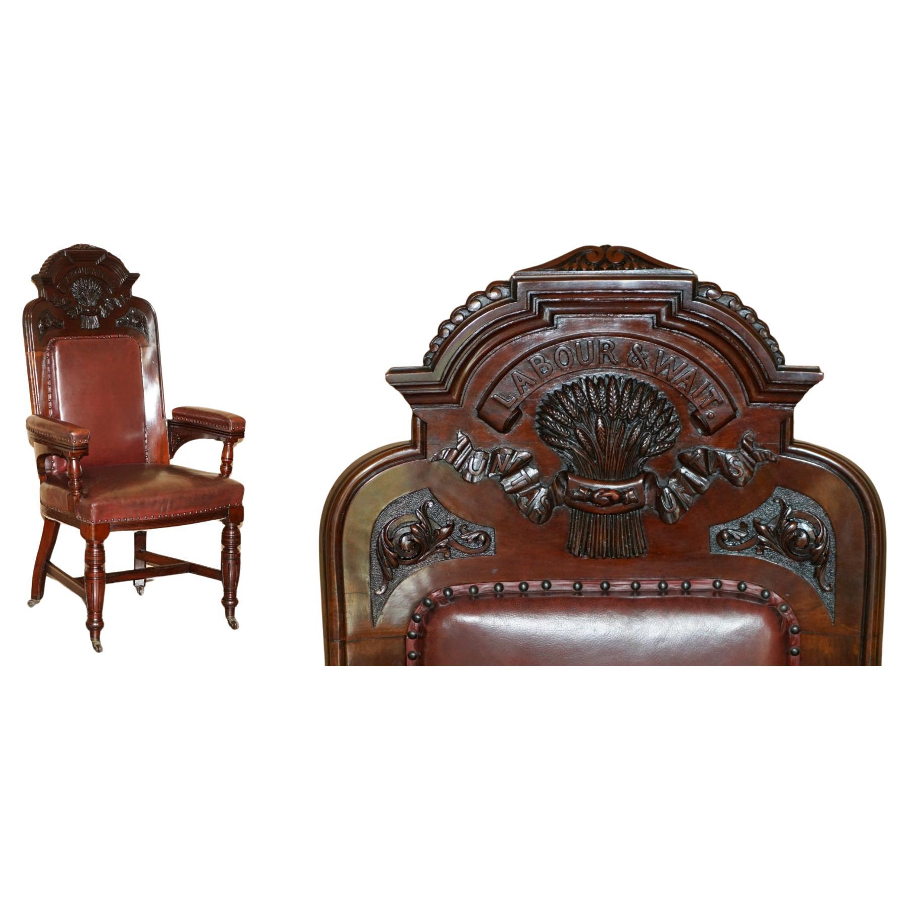 EXQUSIITE ANTIQUE ENGLISH HAND CARVED HARVEST "LABOUR & WAIT" THRONE ARMCHAiR