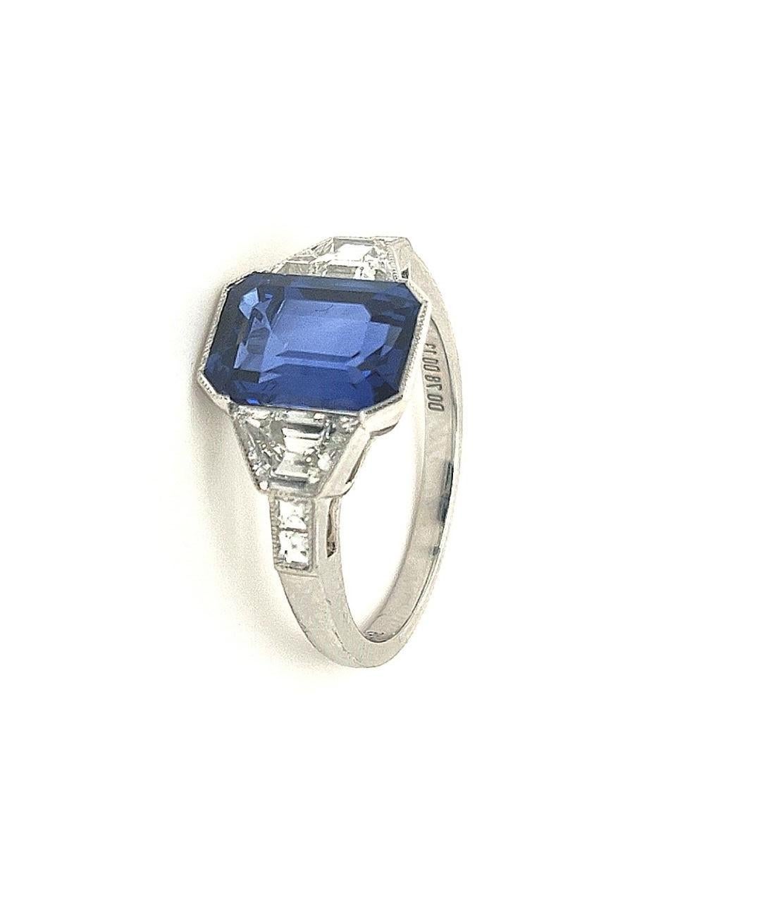 Octagon Cut Sophia D, Certified 3.15 Carat Sapphire and Diamond Art Deco Ring in Platinum For Sale