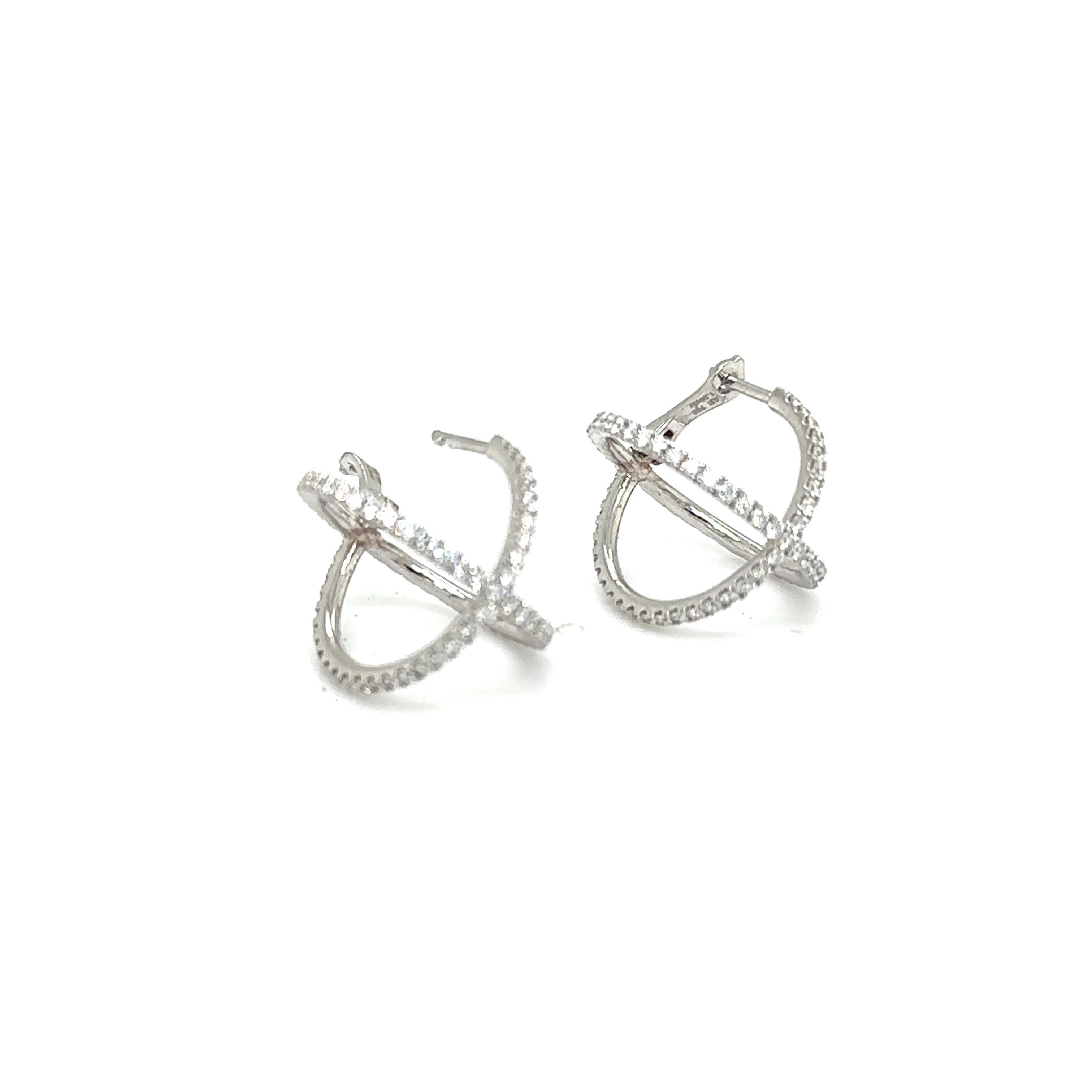 Round Cut EXROUND18 - 18K White Gold Round X Hoop Earrings For Sale