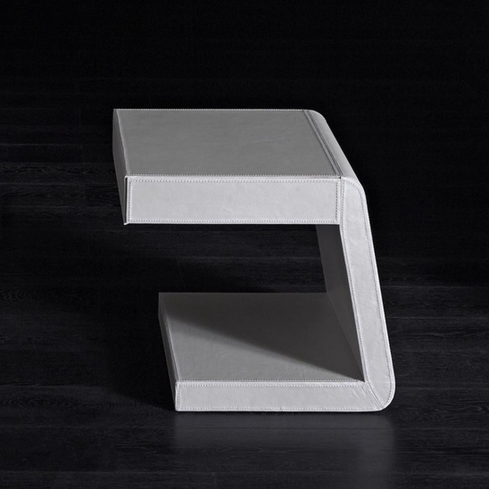 Contemporary Extend Set of 2-Side Table with White Genuine Leather For Sale