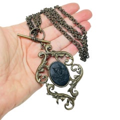 EXTASIA signed vintage bronze gold tone black cameo designer necklace
