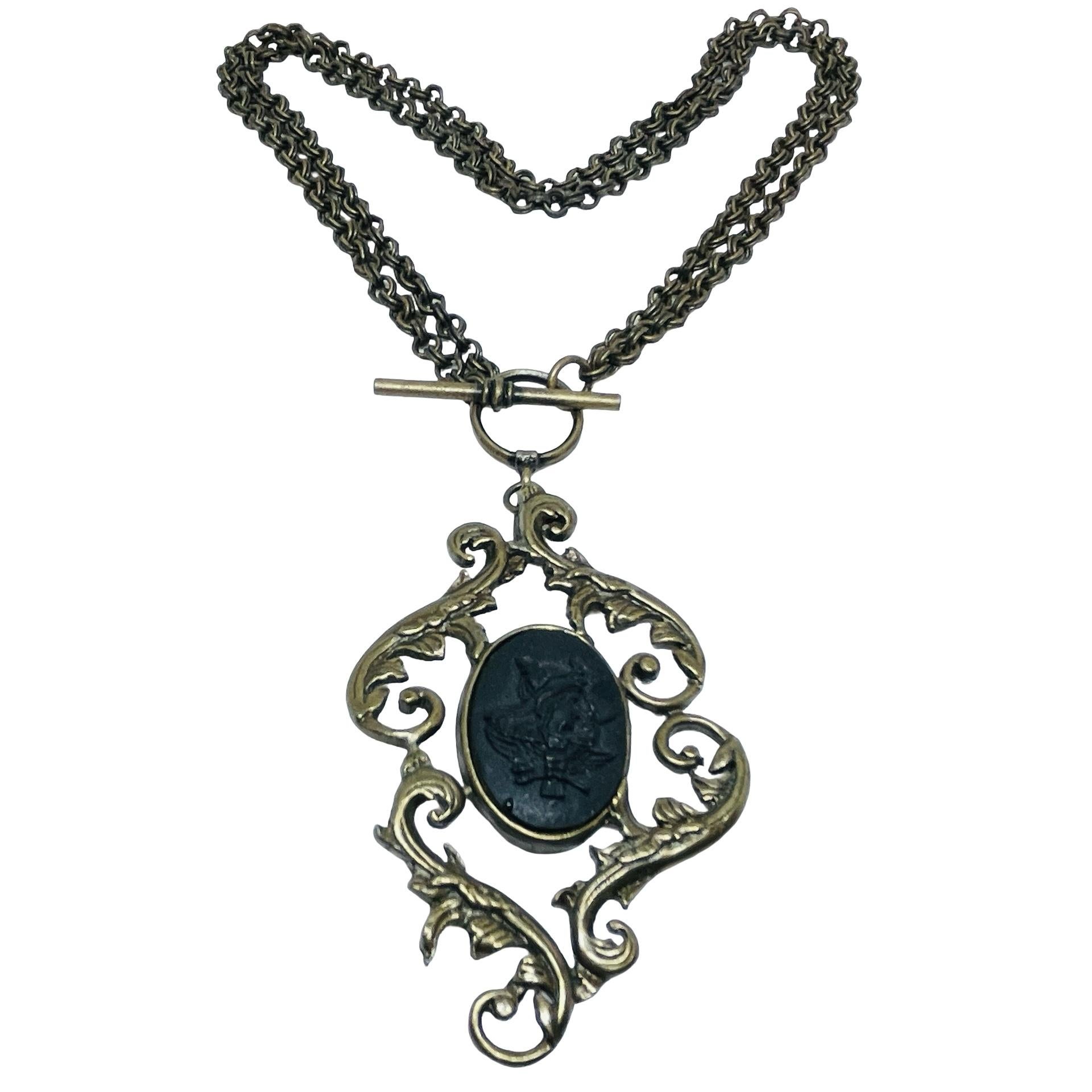 EXTASIA signed vintage bronze gold tone black cameo designer necklace