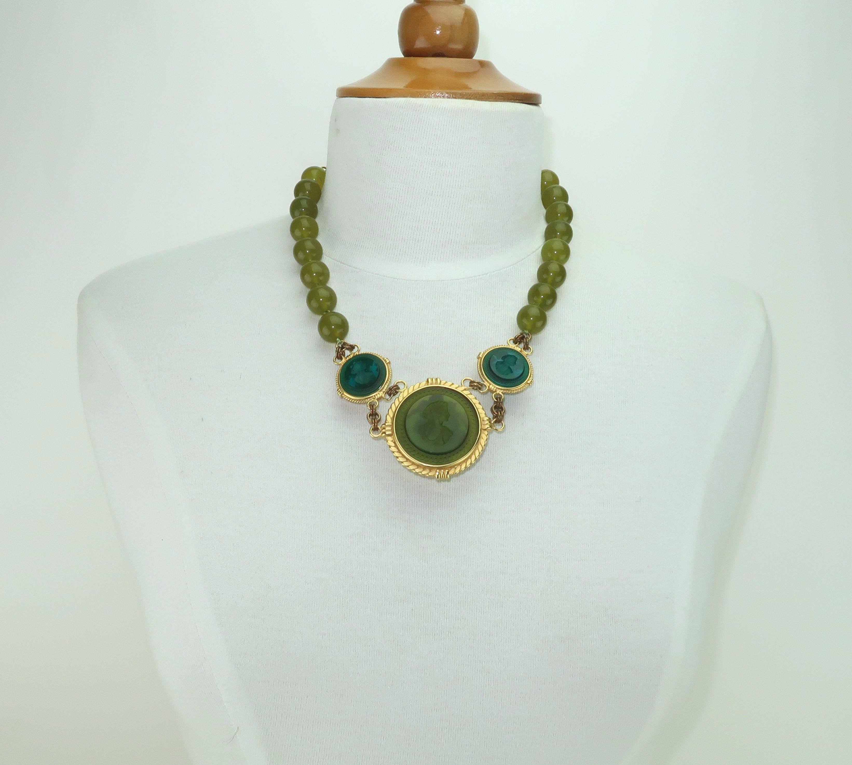 EXTASIA Victorian Inspired Classical Green Glass Intaglio Necklace, 1990’s 5